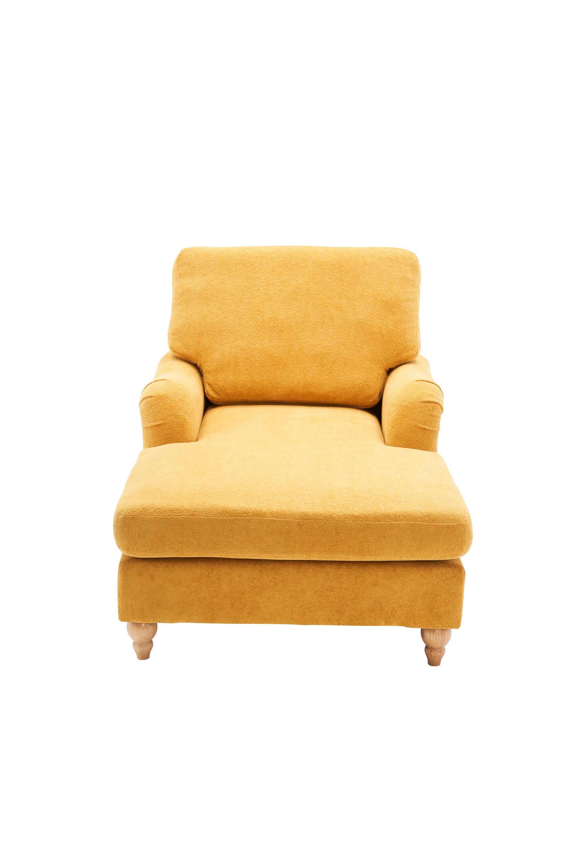 Yellow upholstered chaise lounge with plush fabric and wooden legs