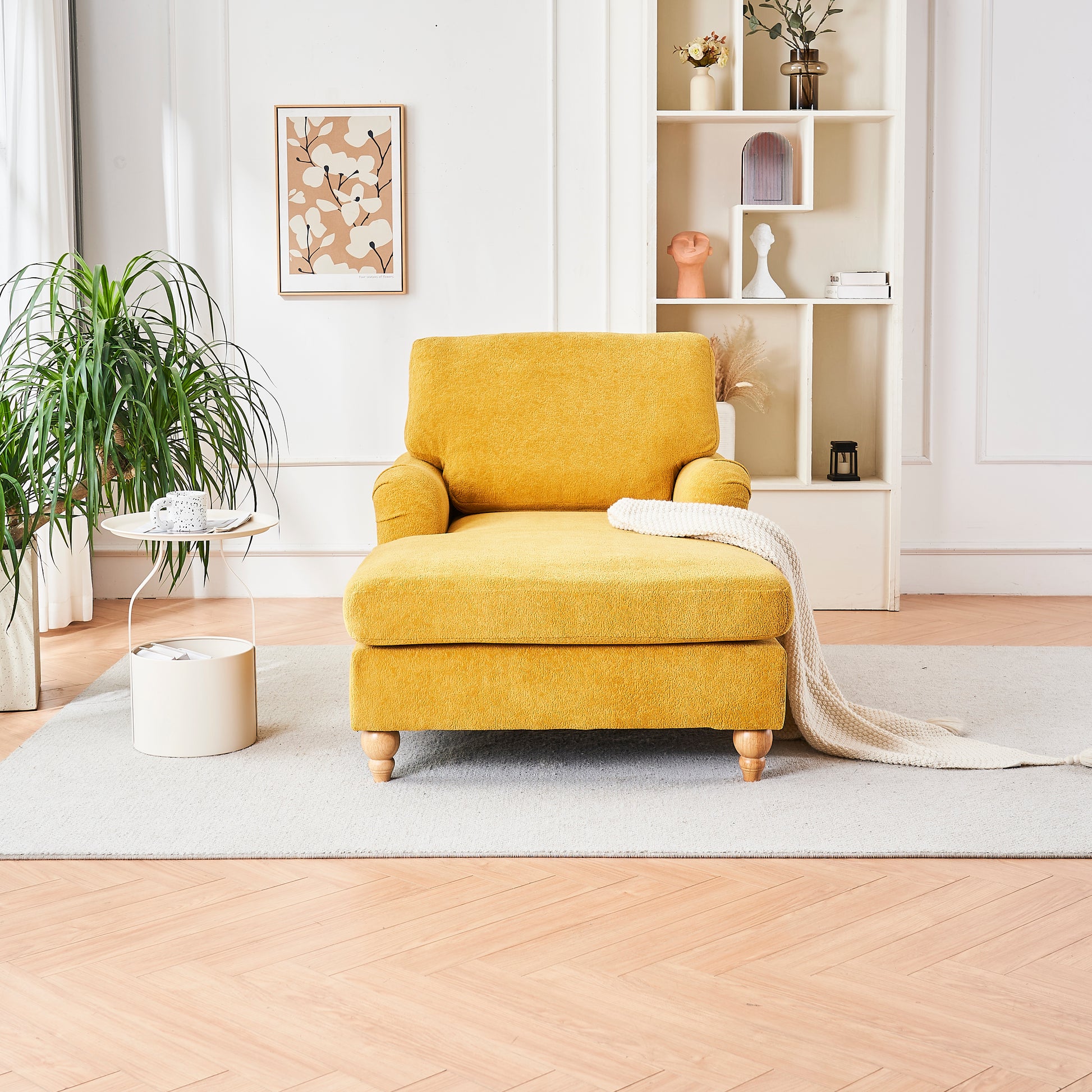 Yellow fabric chaise lounge with wooden legs