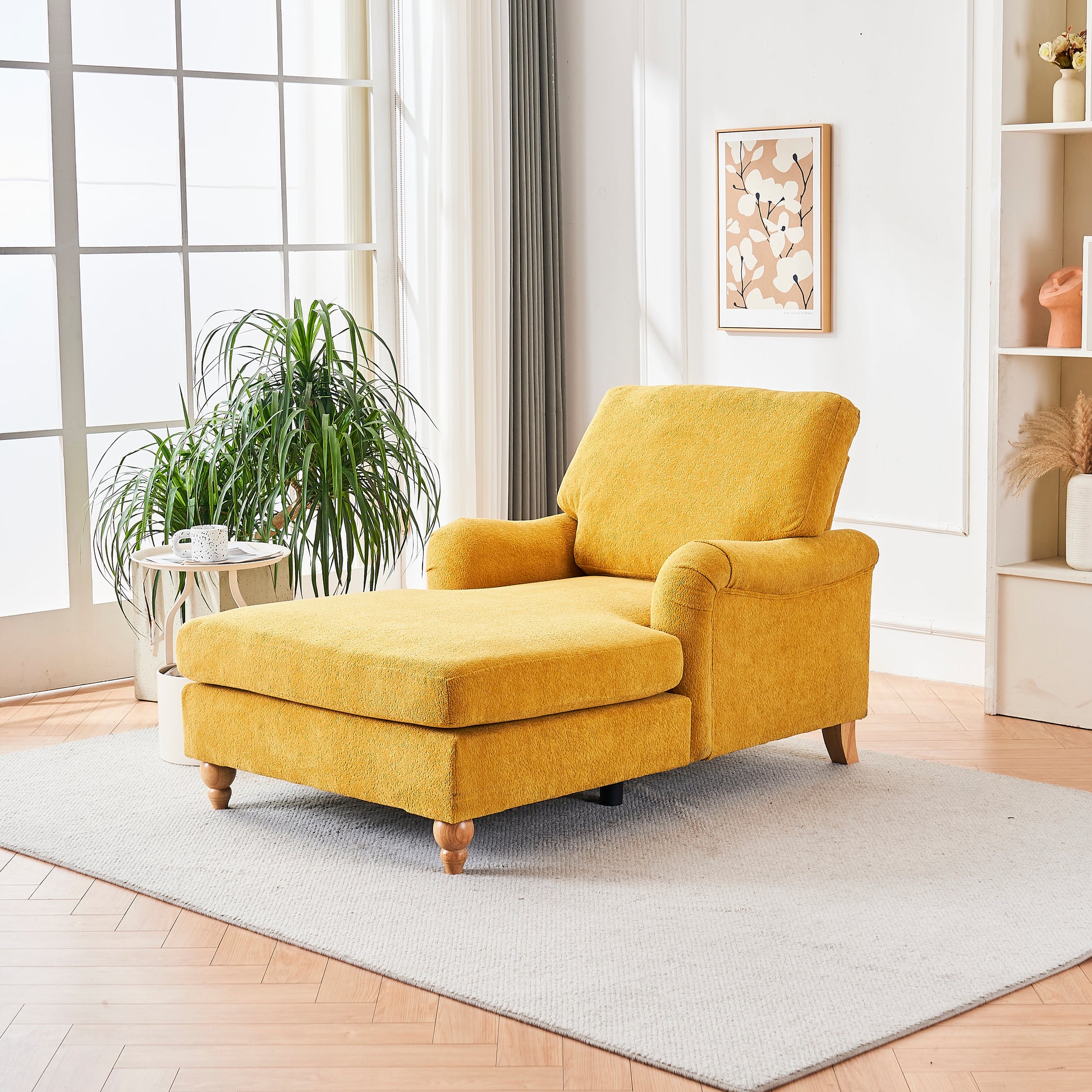 Yellow fabric chaise lounge with tufted backrest and wooden legs