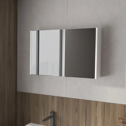 Modern medicine cabinet with dual mirrored doors and integrated LED lighting