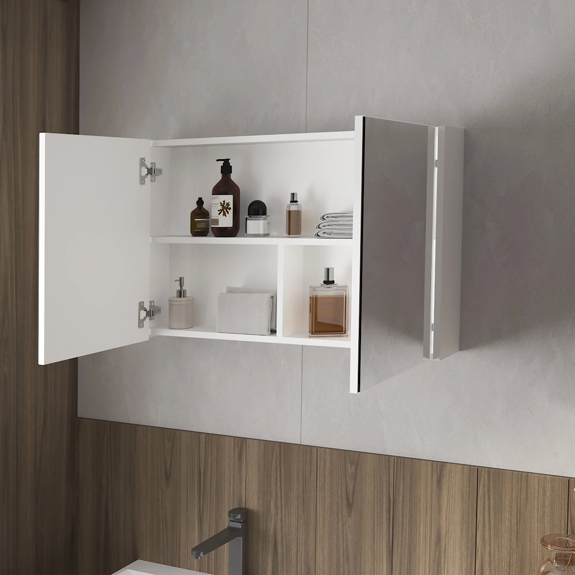 White mirrored medicine cabinet with open doors displaying toiletries