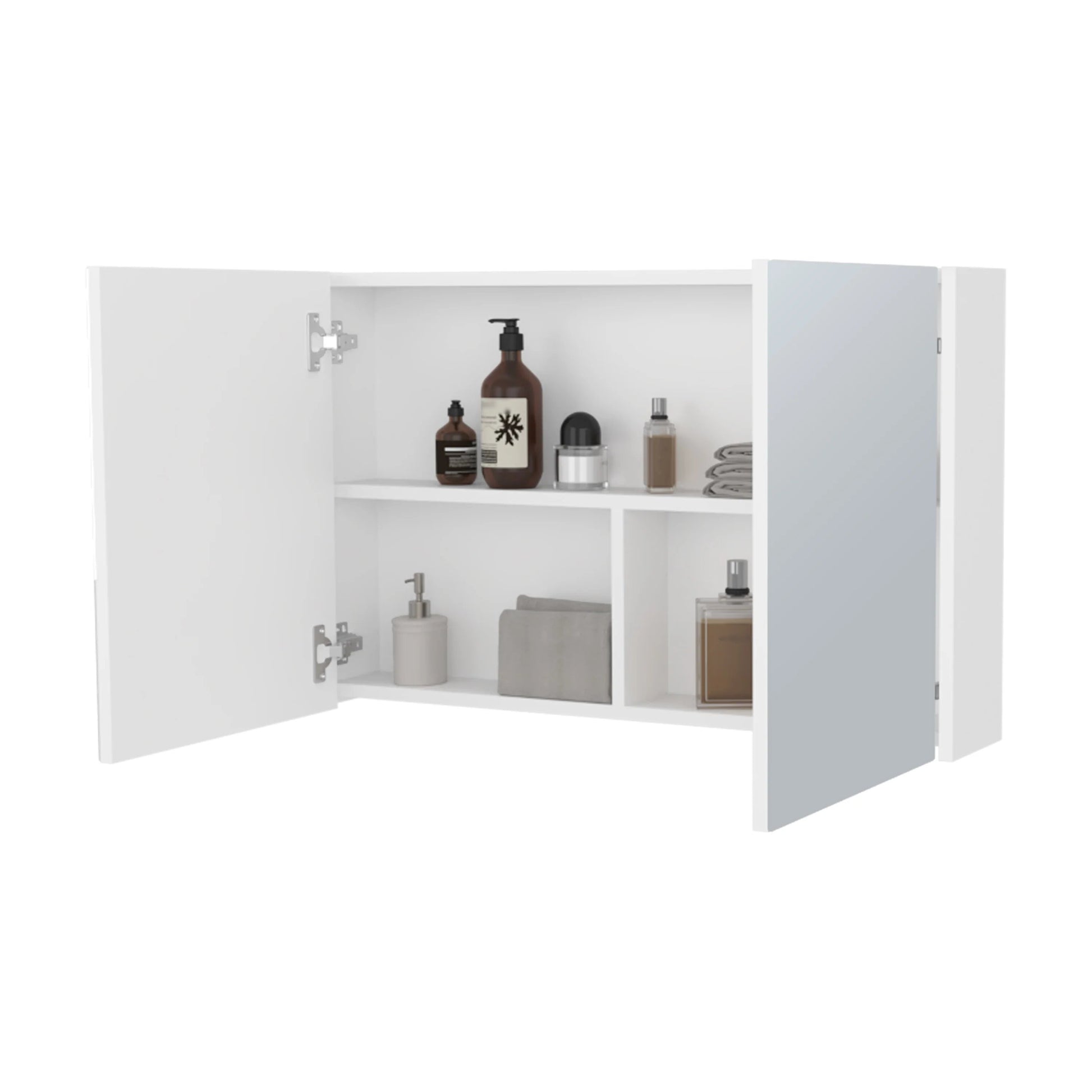 Modern white wallmounted bathroom cabinet with mirrored doors and open shelving