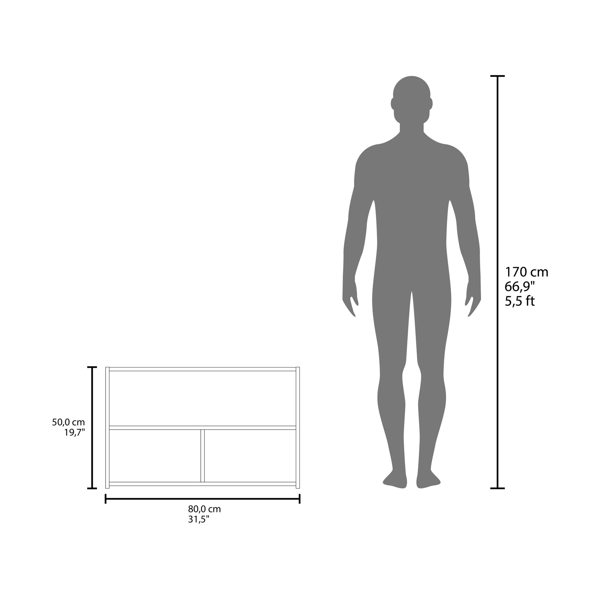 Line drawing of a white twoshelf storage unit cm wide next to a grey human silhouette figure cm tall