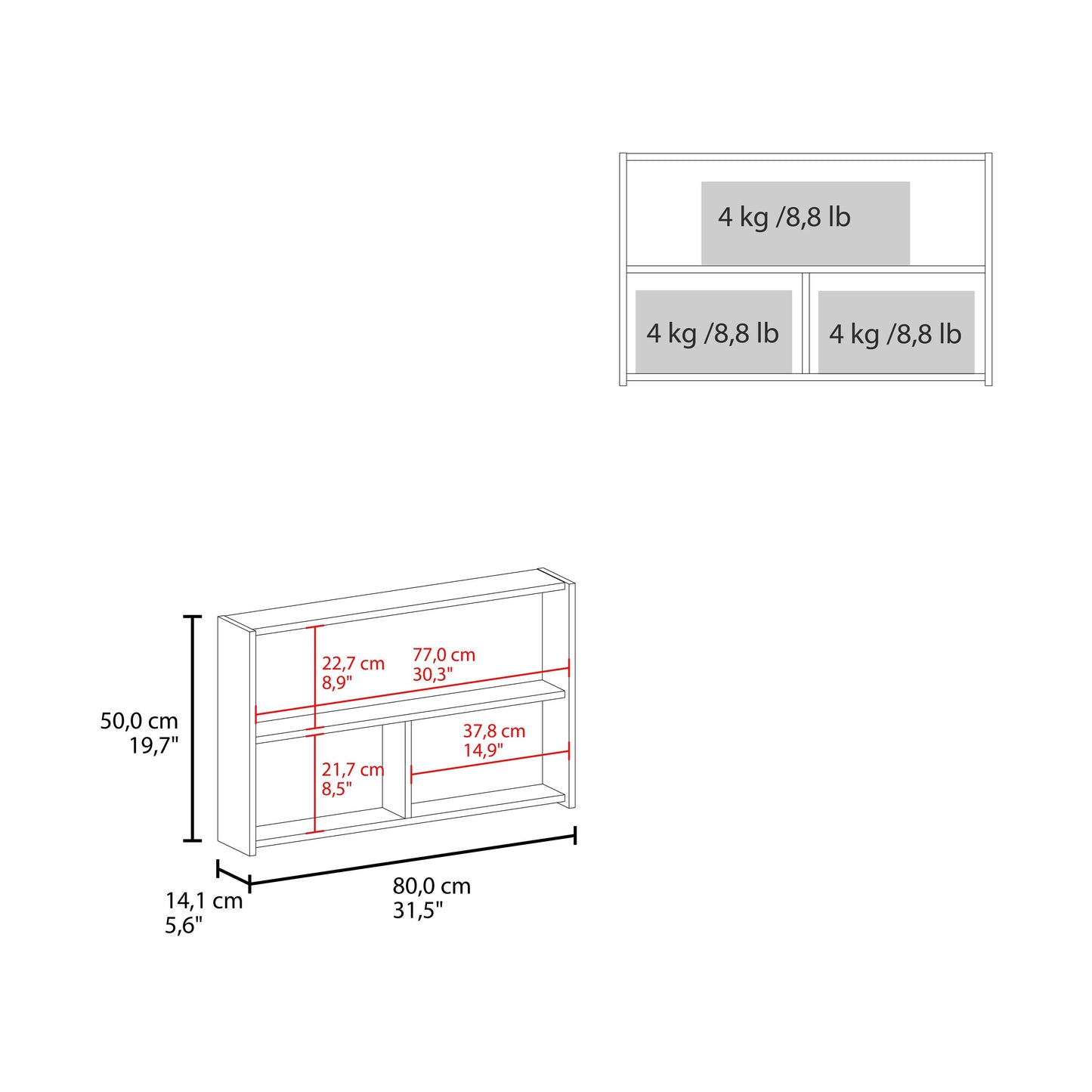 White bookshelf diagram with dimensions and weight limits