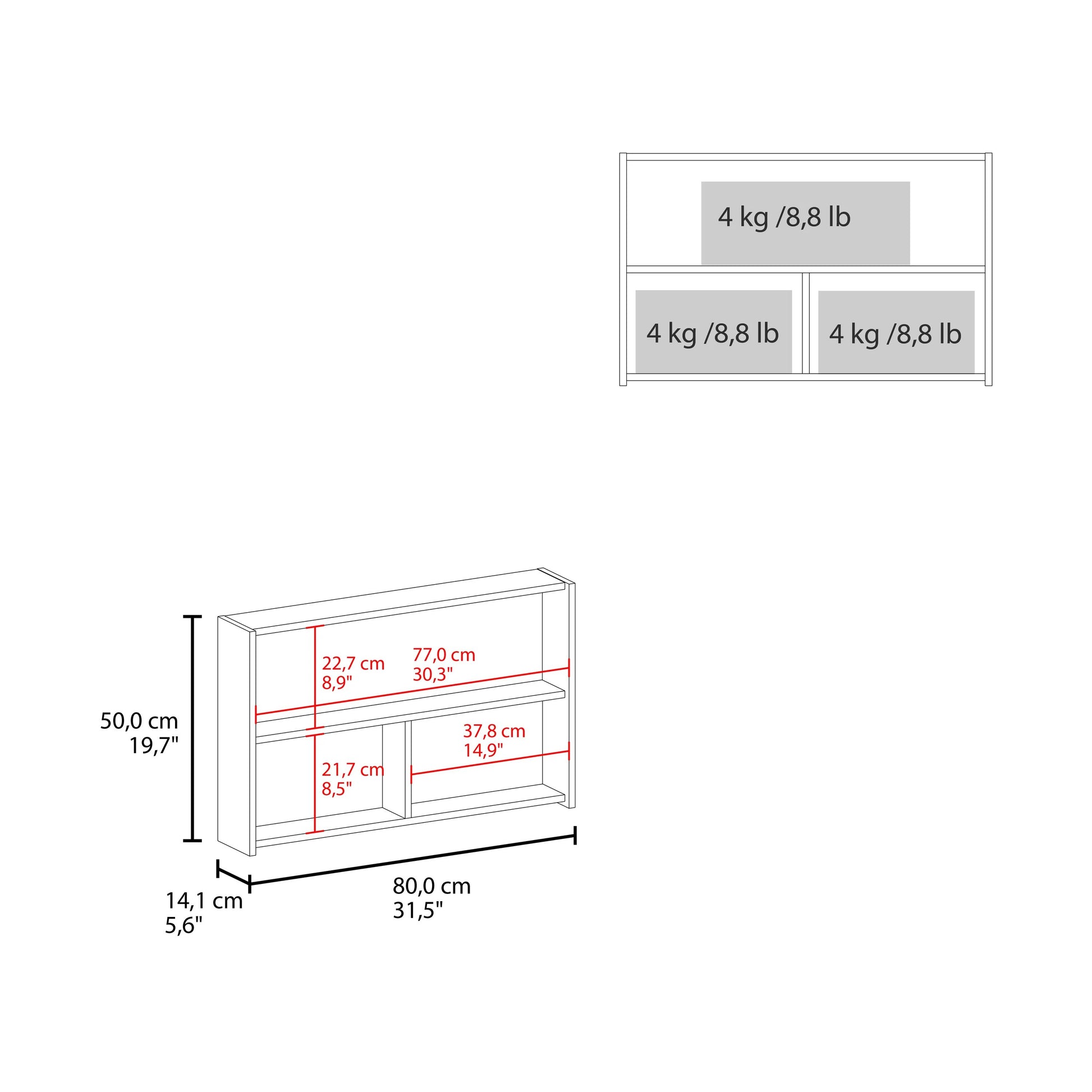 White bookshelf diagram with dimensions and weight limits
