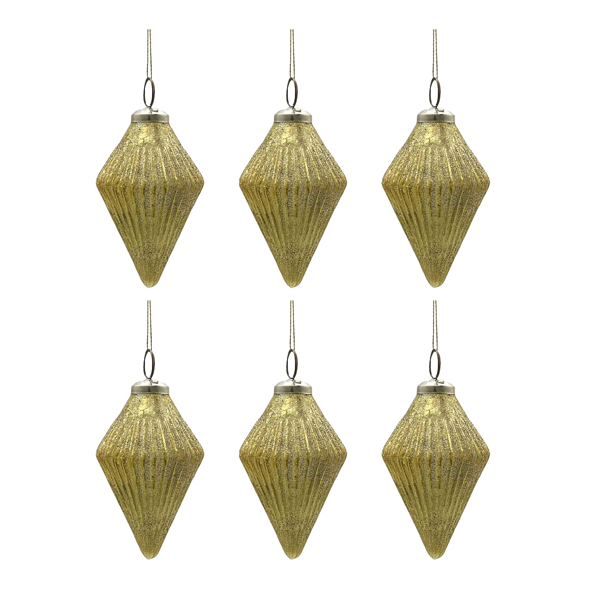 Set of  gold glitter diamondshaped glass Christmas ornaments