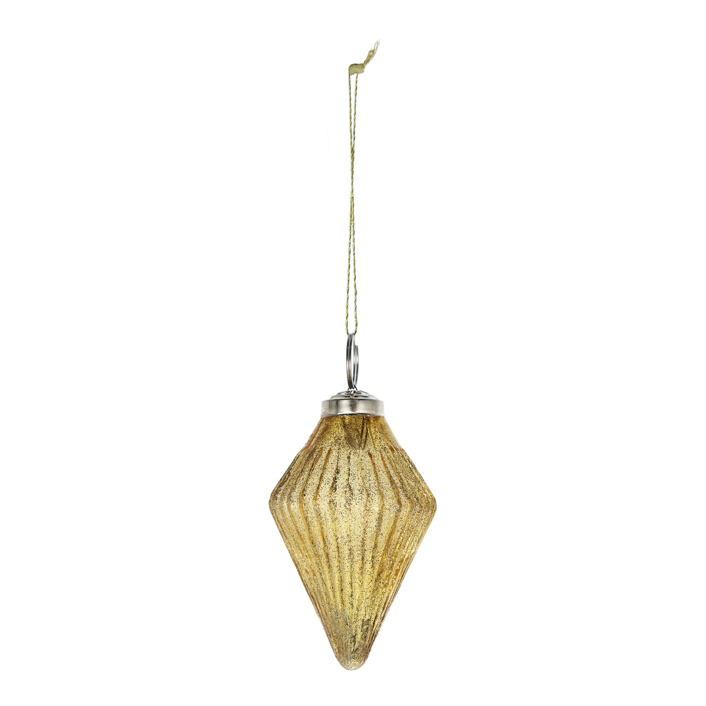 A diamondshaped gold glitter Christmas ornament with vertical ribbed texture