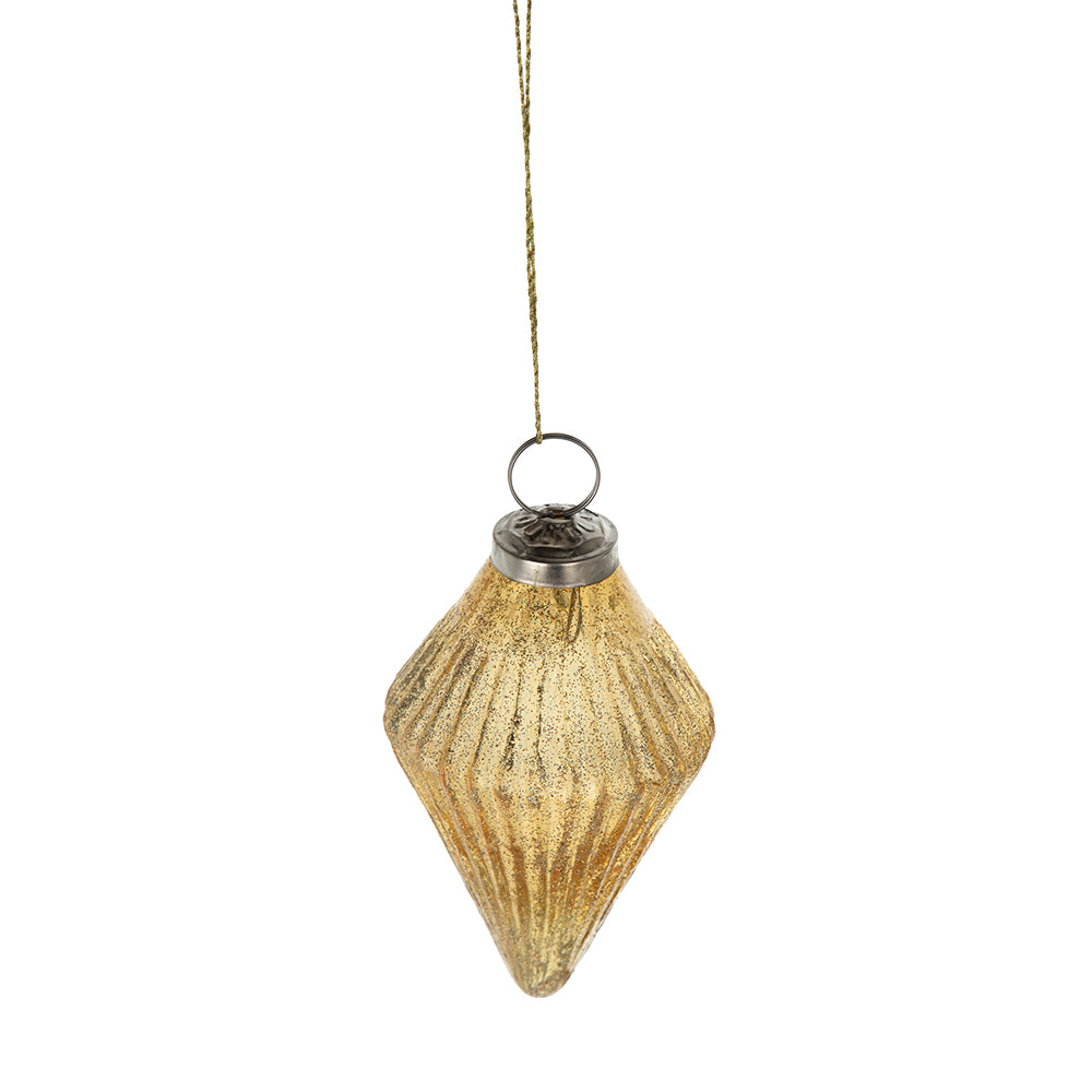 Textured gold diamondshaped glass Christmas ornament with glitter accents and metal cap