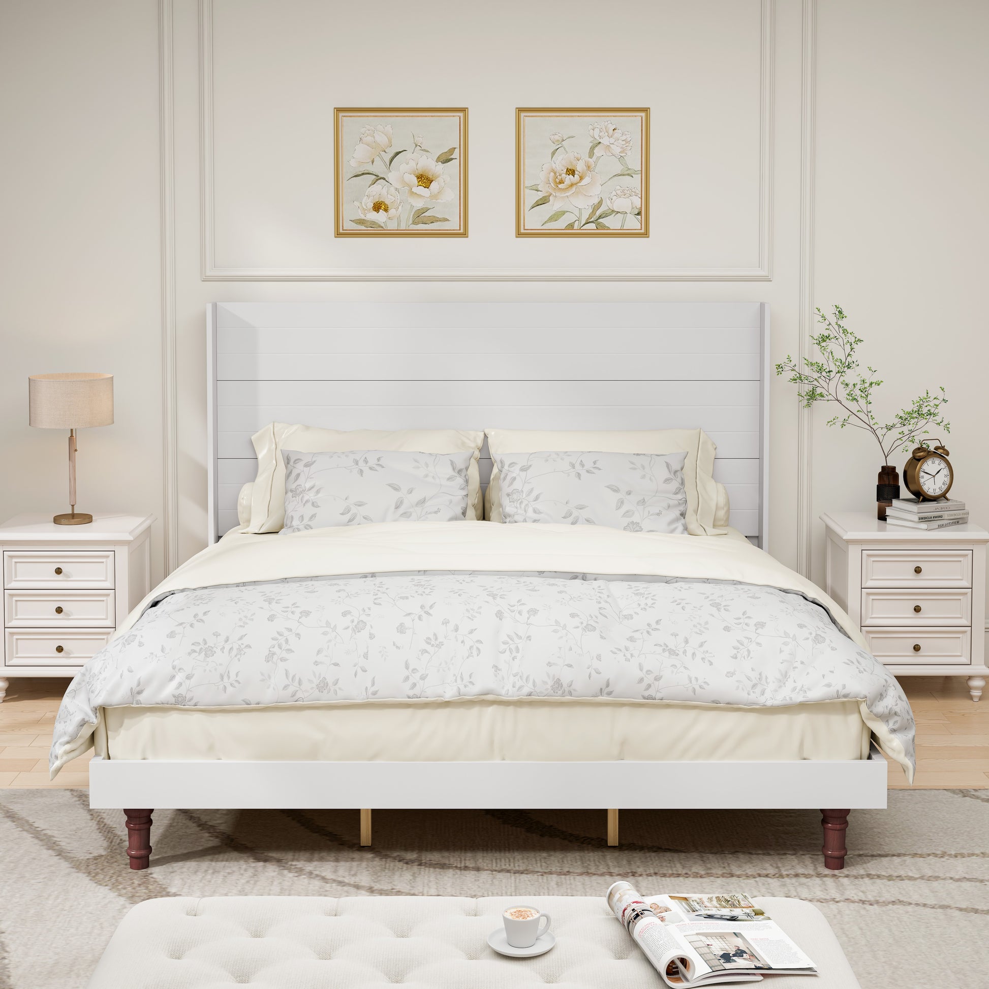 Queen size white wood bed frame with floral bedding