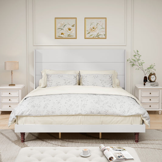 Queen size white wood bed frame with floral bedding