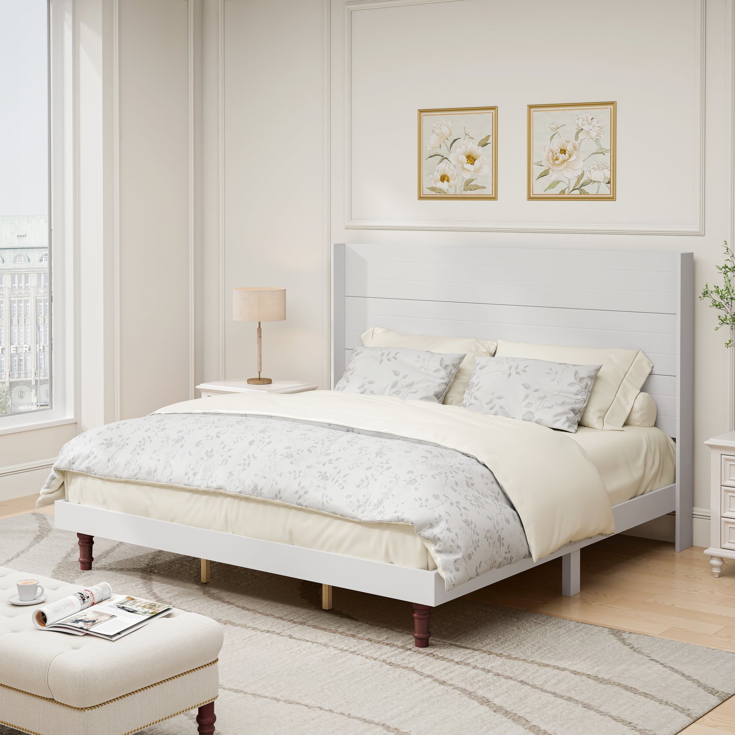 White wooden bed frame with horizontally slatted headboard and cream bedding