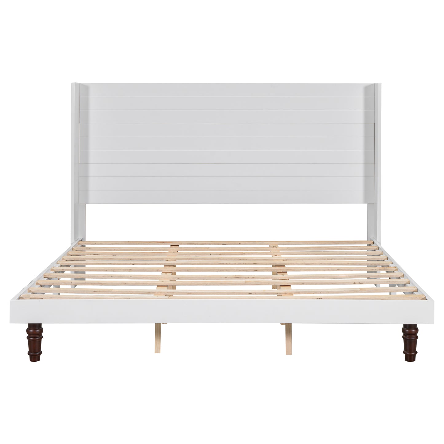 White modern plank headboard bed frame with wooden slats