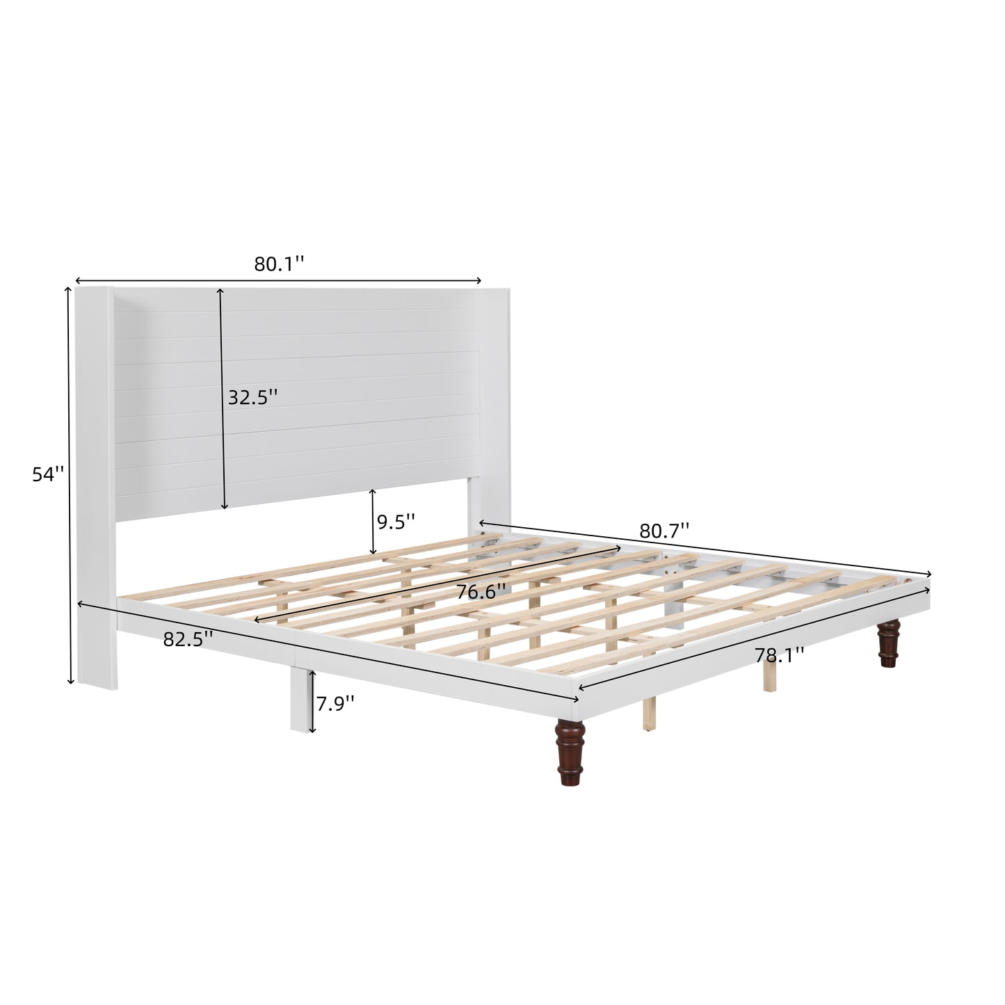 White wooden bed frame with slatted base and horizontal headboard panels