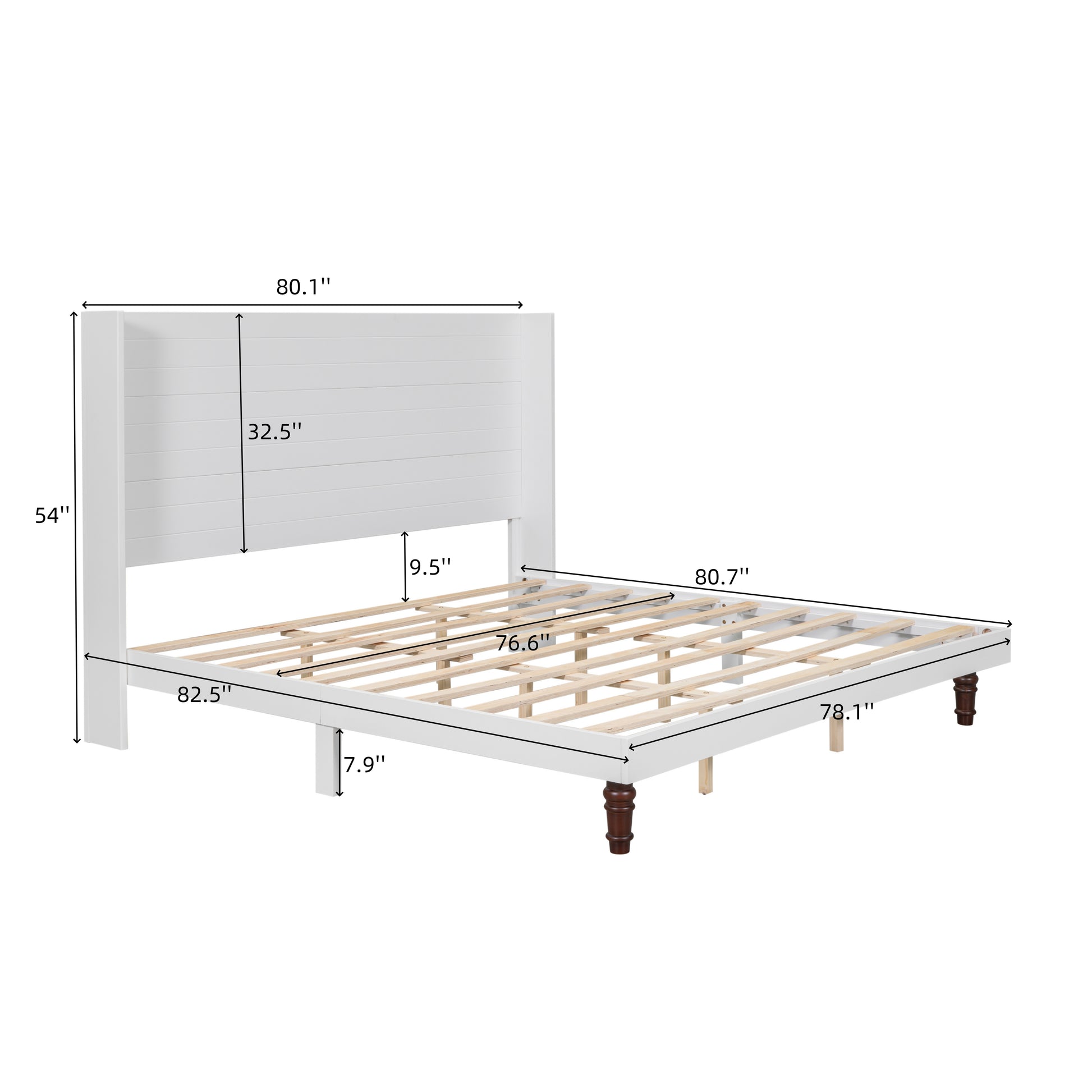 White wooden bed frame with slatted base and horizontal headboard panels