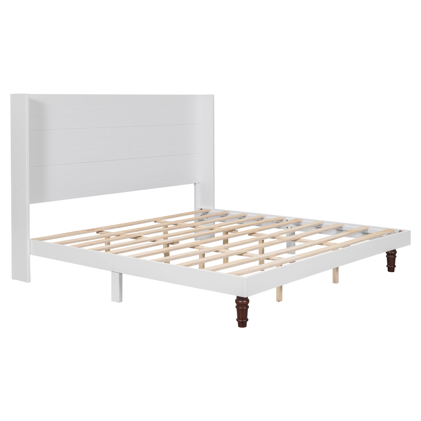 White wooden slatted headboard bed frame with dark wooden legs