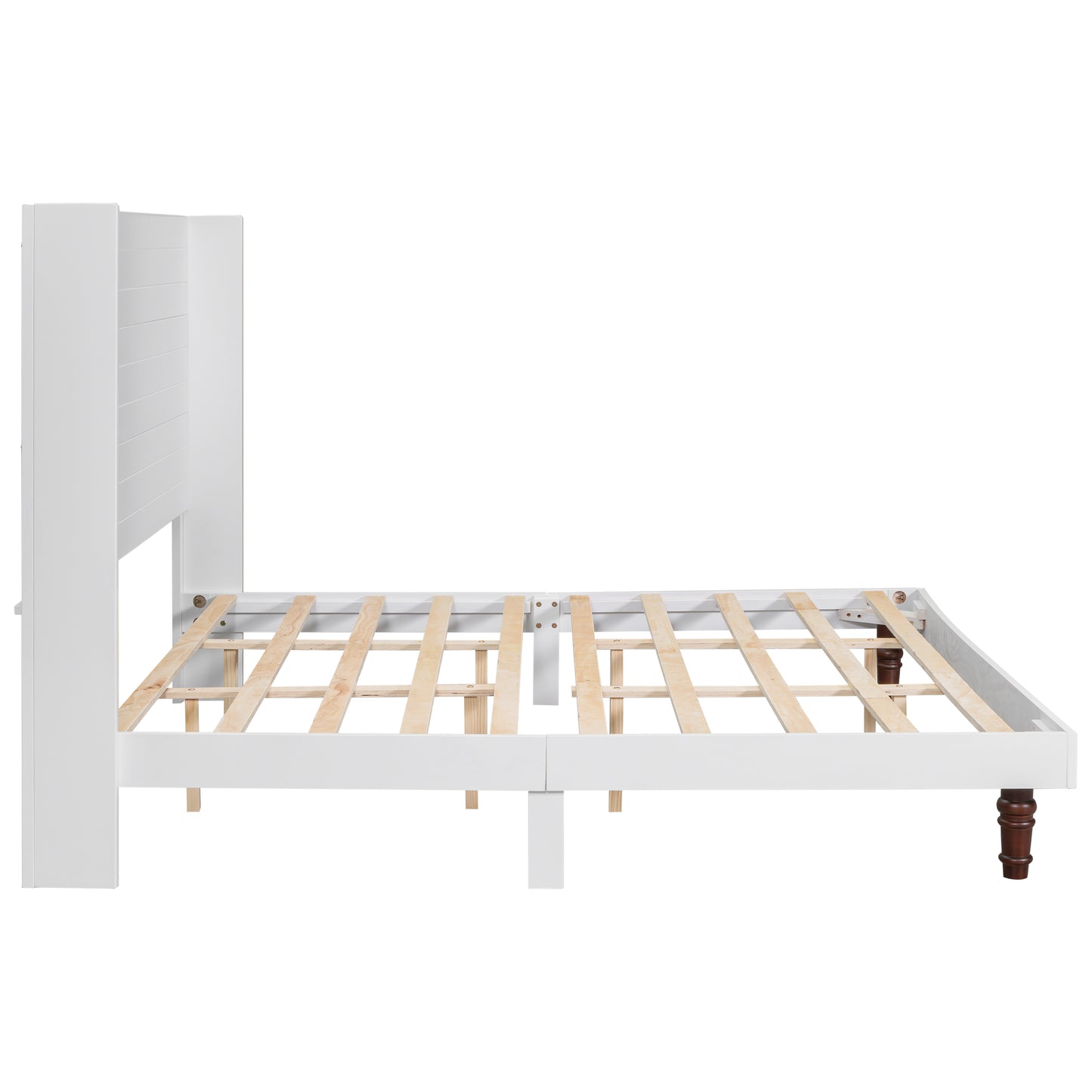 White wooden bed frame with slatted mattress support and carved dark wood legs