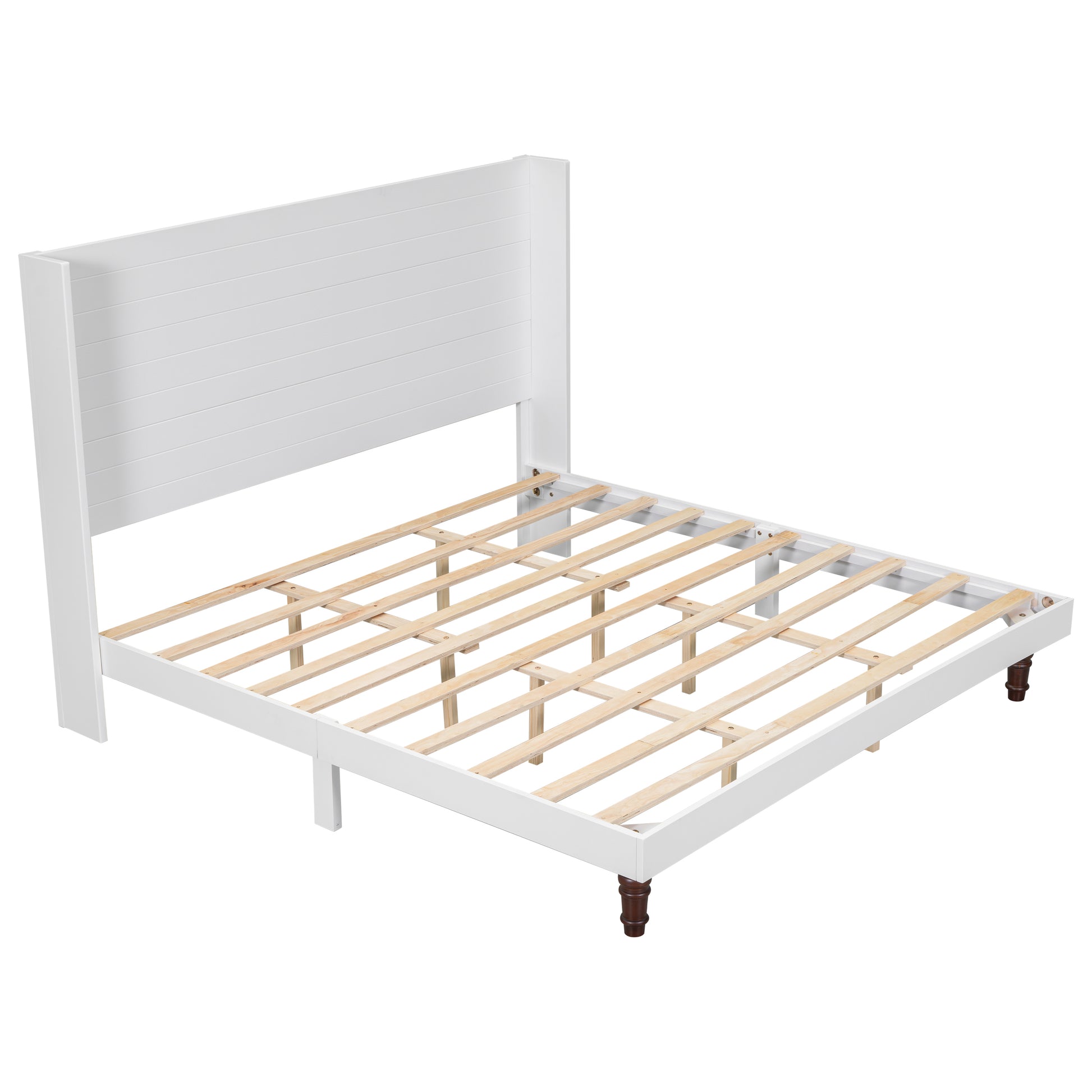 White wooden queen bed frame with horizontal headboard slats and slat support system