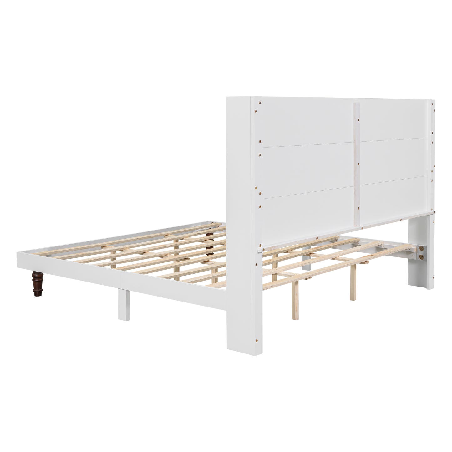 Modern white wooden bed frame with horizontal headboard and slated support