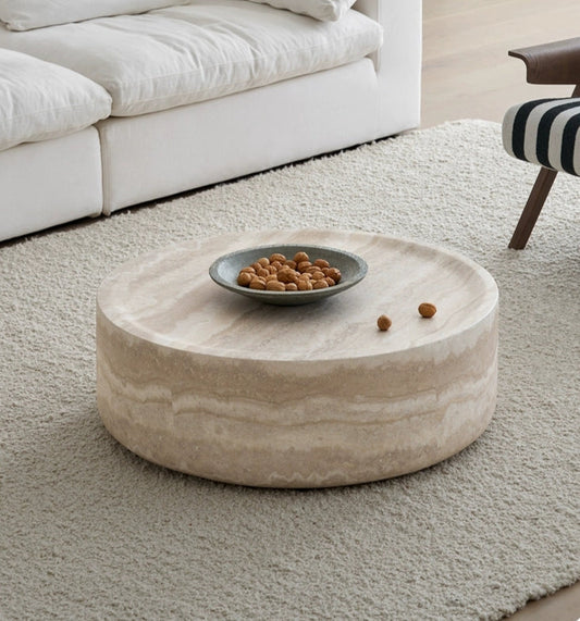 TREATLIFE HOME Round Faux Travertine Textured Coffee Table, 35.43 Inch Modern Design, No Assembly Needed for Living Room