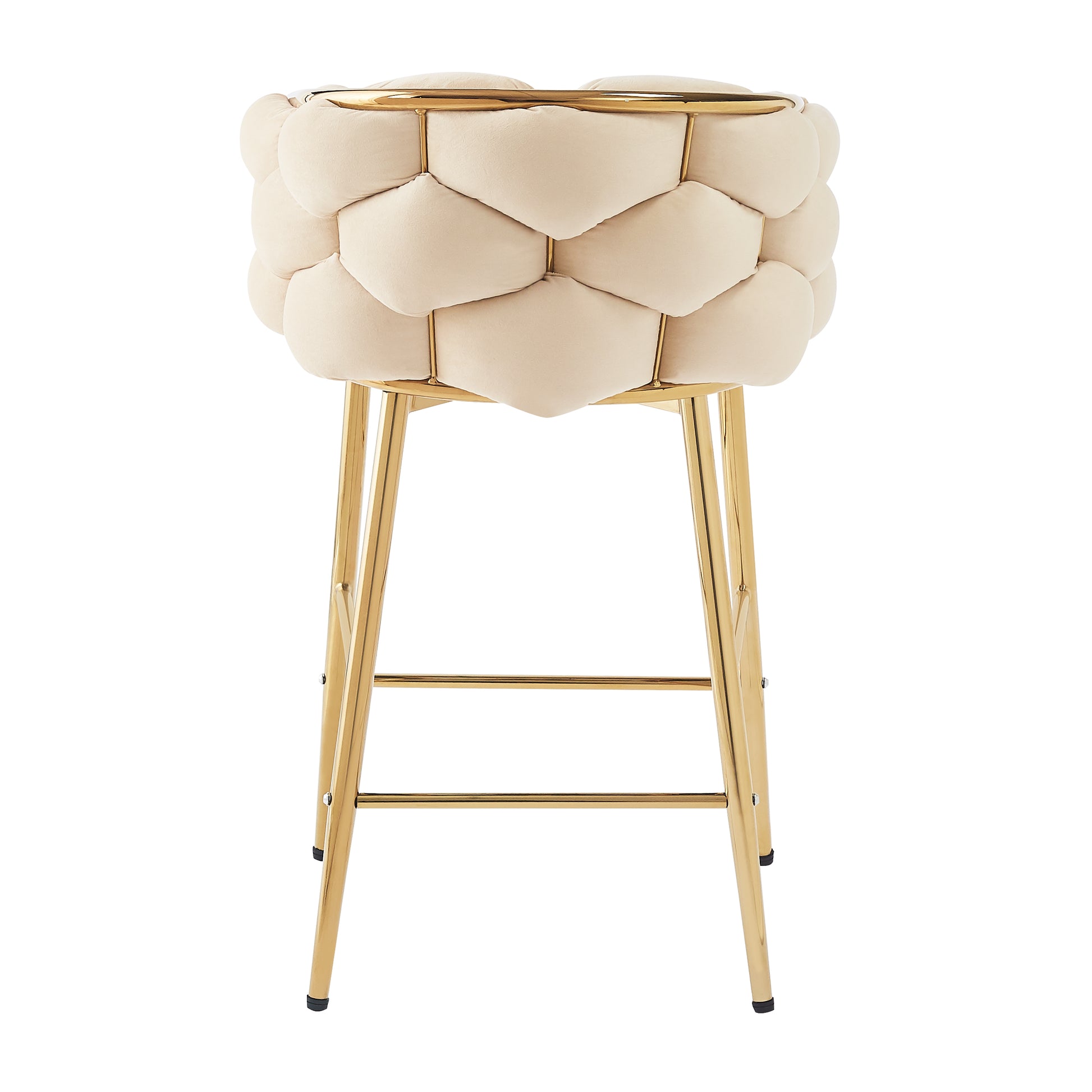 Cream tufted bar stool with gold metal legs and contemporary design