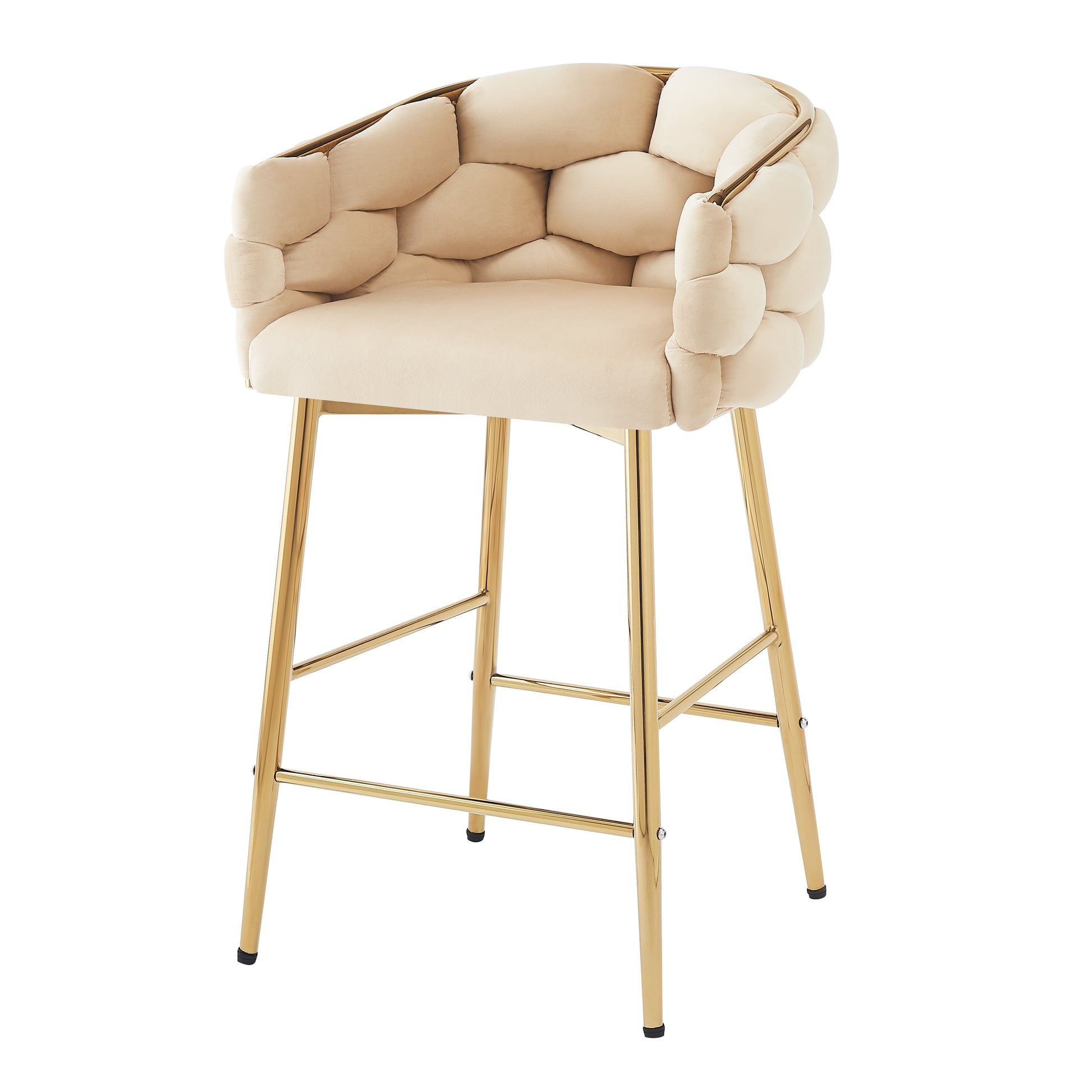 Cream velvet bar stool with bubble tufting and gold metal legs