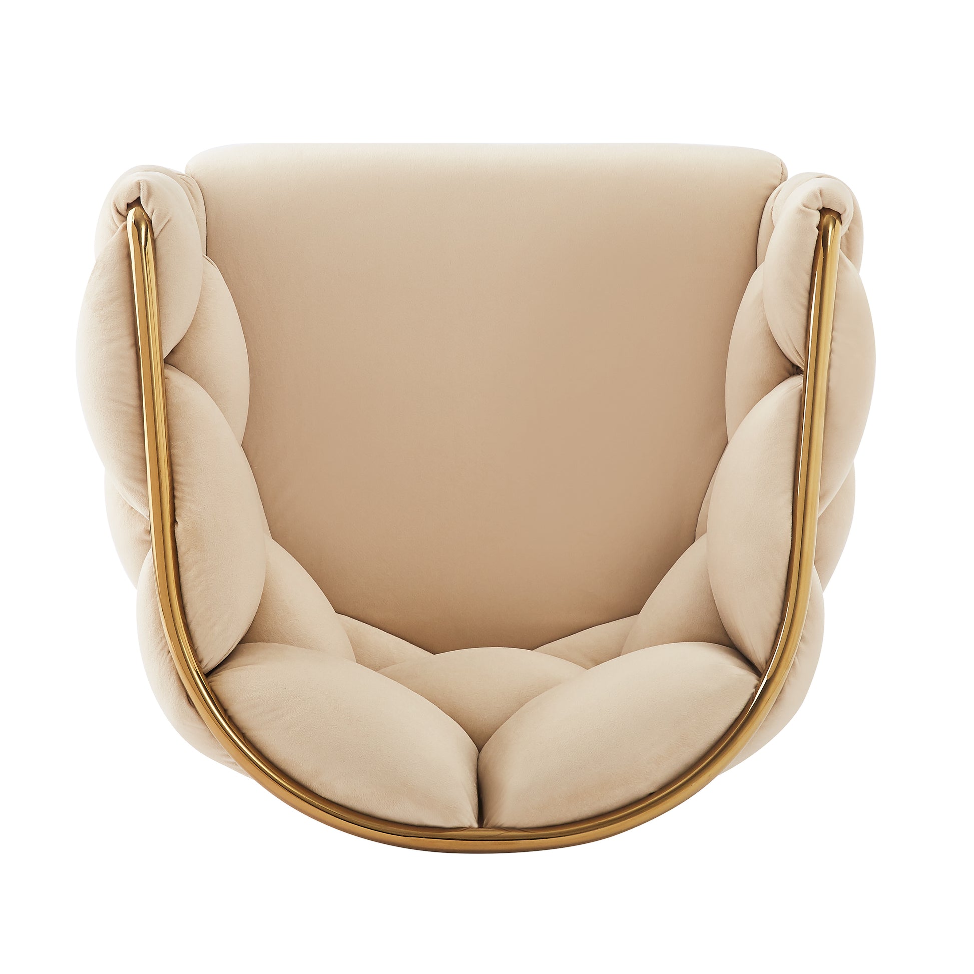 Beige velvet accent chair with braided design and gold metal frame