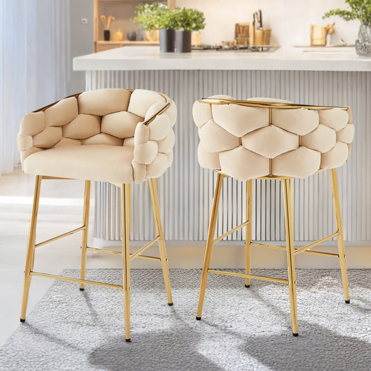 Cream velvet bar stool with plush honeycomb quilting and gold legs