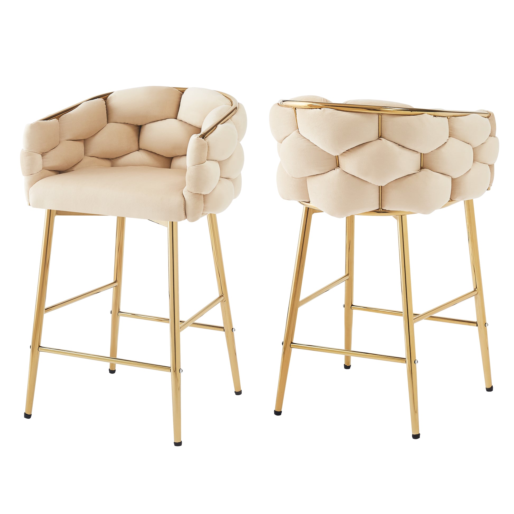 Cream velvet bar stool with tufted design and gold legs