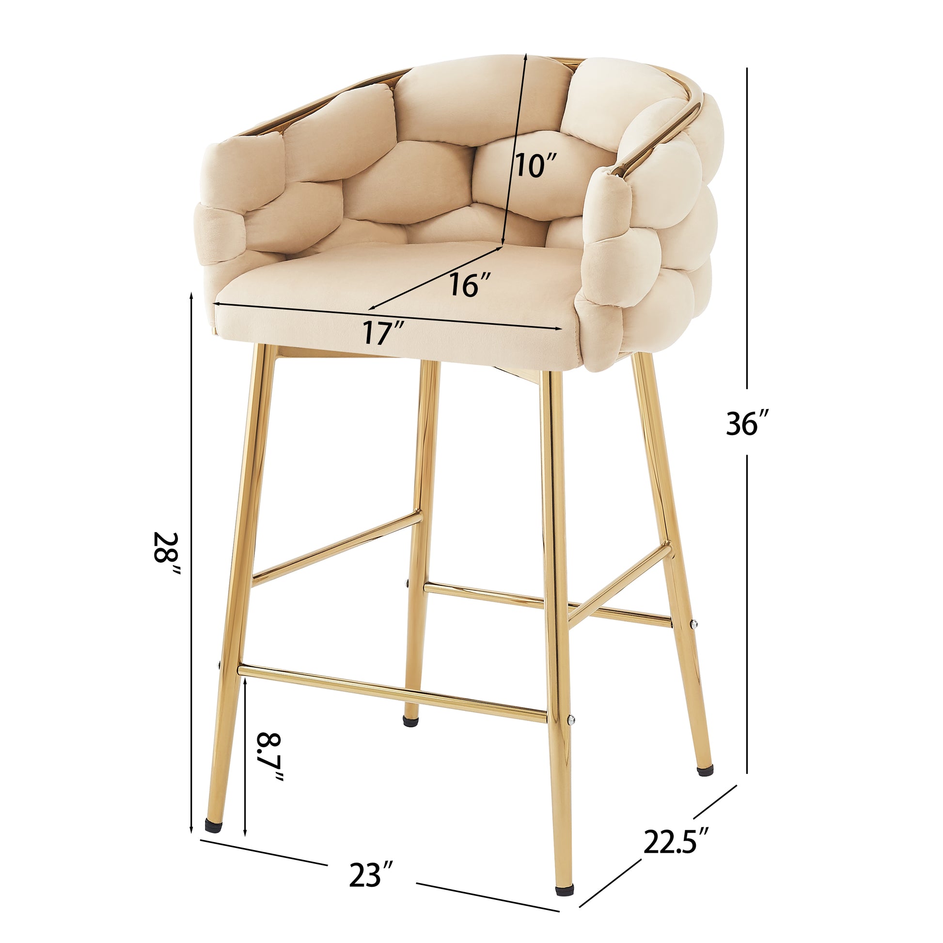Cream velvet channel tufted bar stool with gold legs
