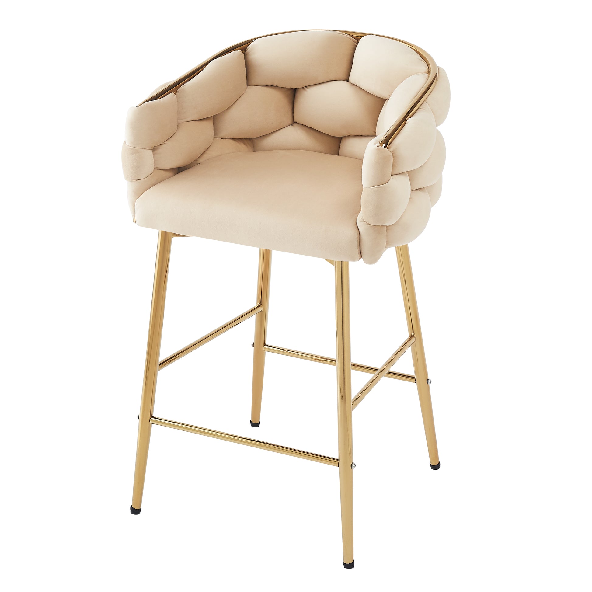 Cream velvet channel tufted bar stool with gold metal legs