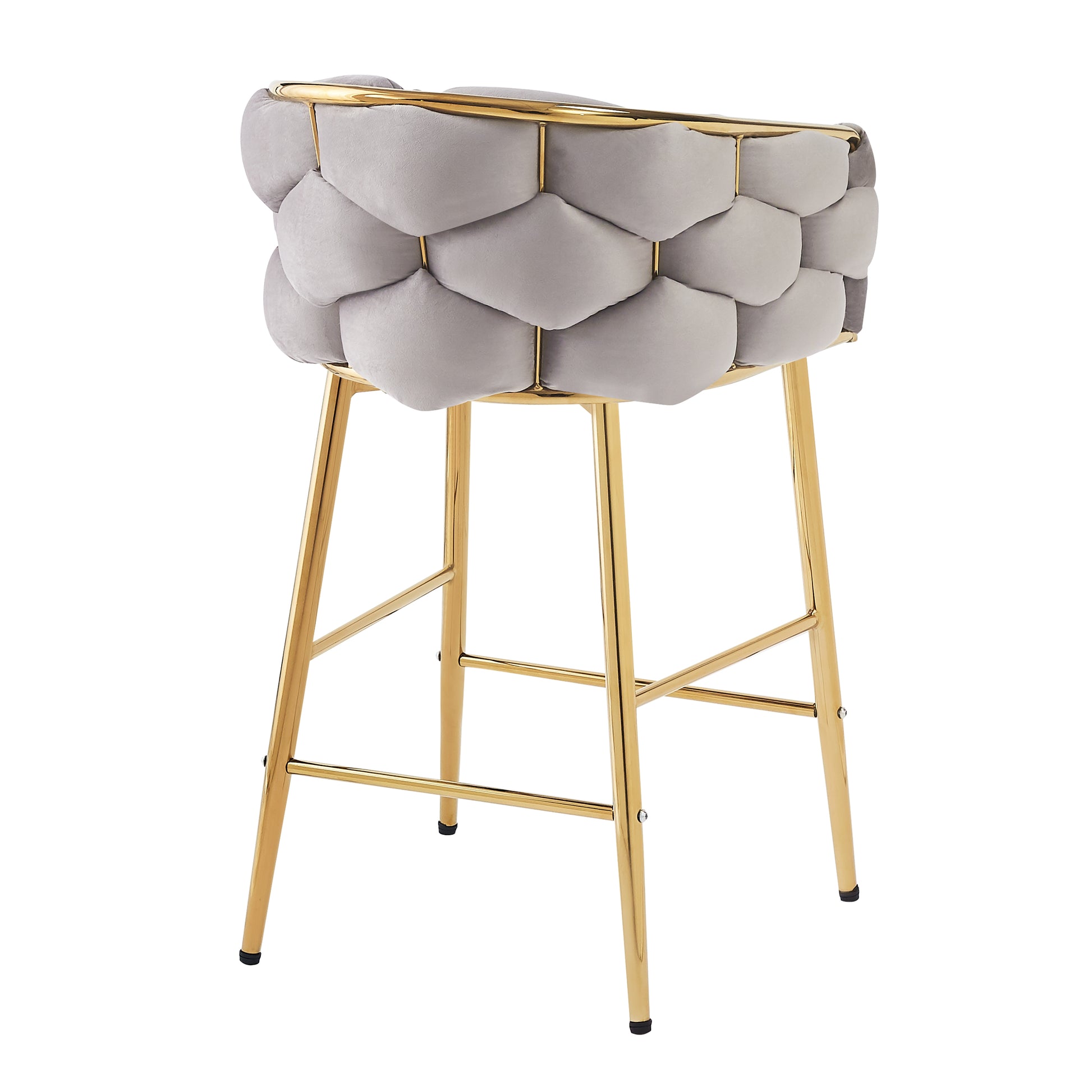 Light gray velvet bar stool with quilted backrest and gold metal legs