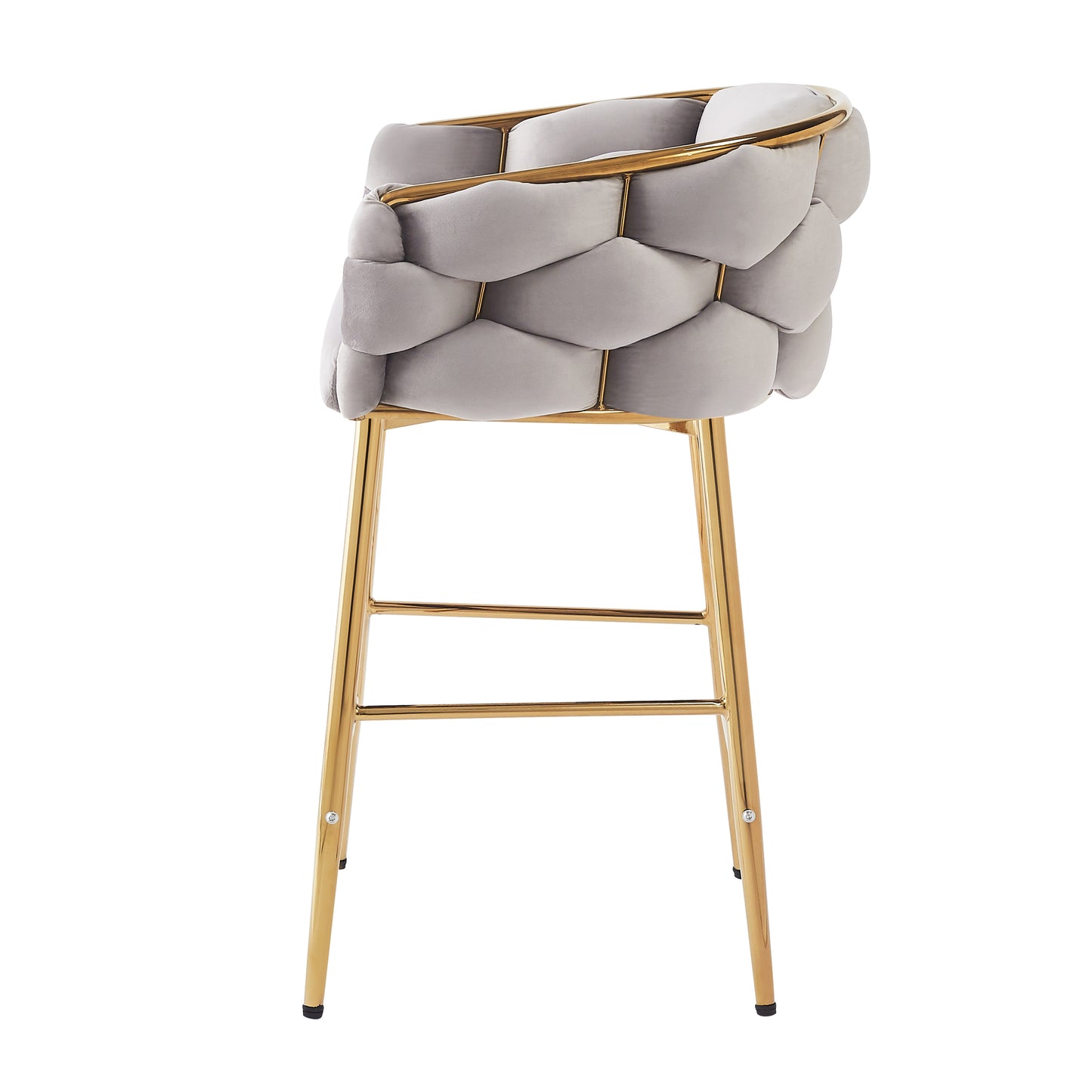 Gray velvet bar stool with diamond tufting and gold metal legs contemporary design