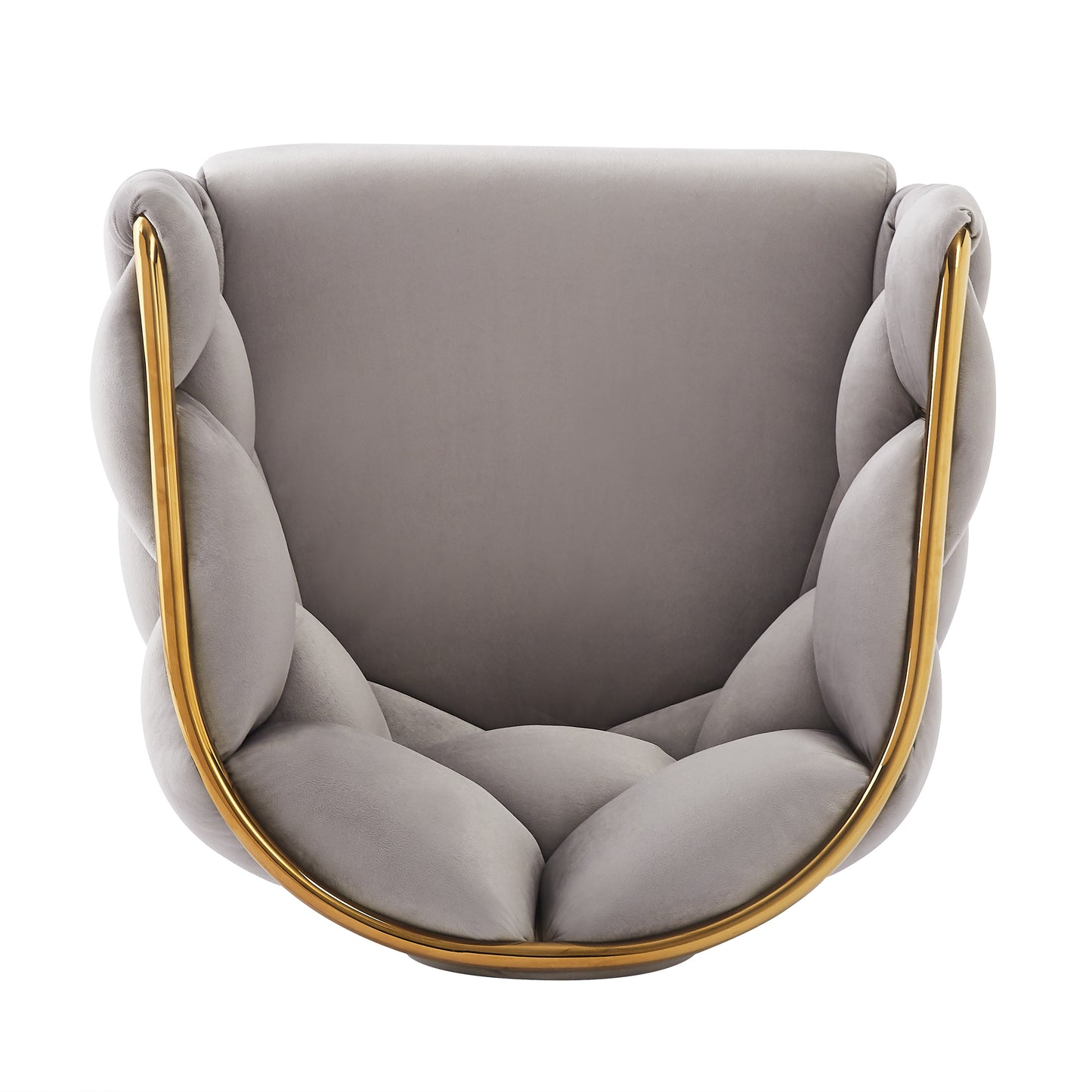 Gray velvet accent chair with braided arms and gold metal frame