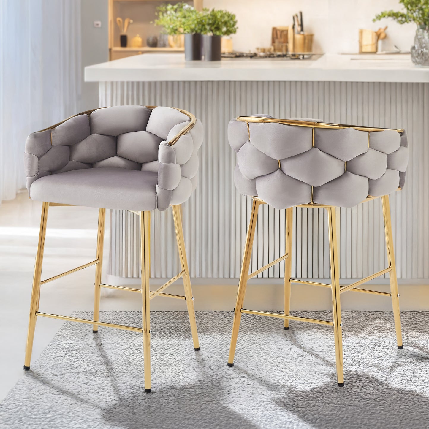 Grey velvet bar stool with diamond tufting and gold legs