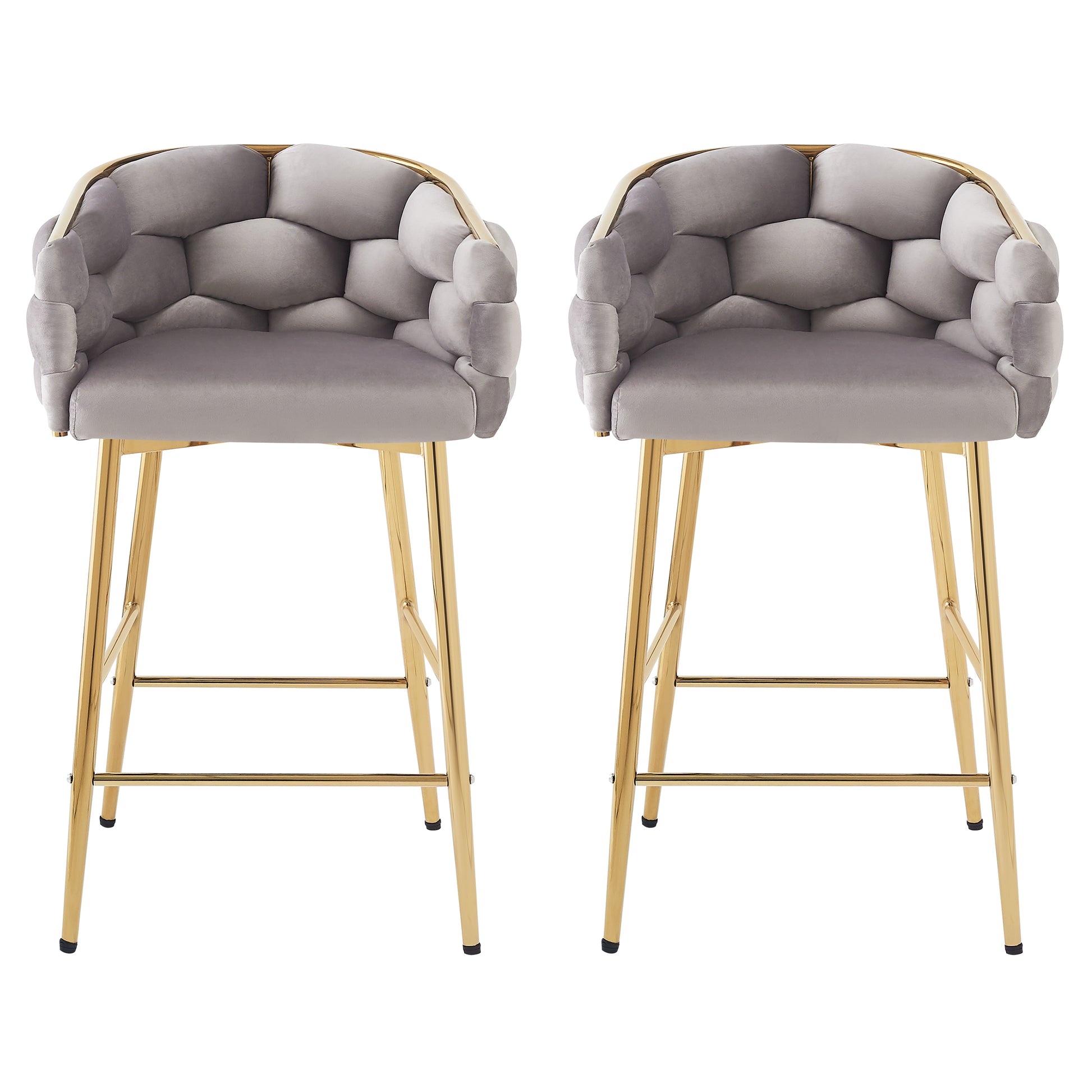 Set of two grey velvet accent bar stools with gold metal legs and geometric tufted back
