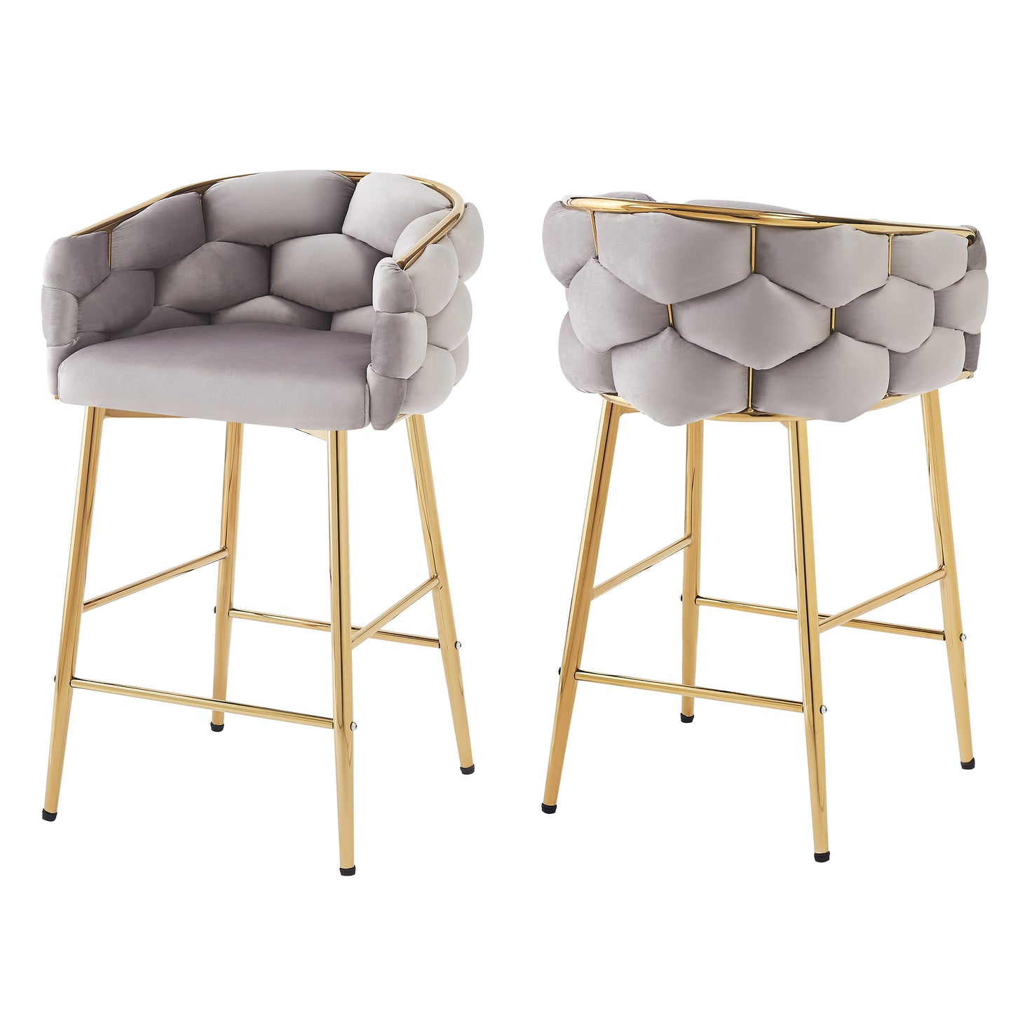 Light gray velvet bar stool with gold legs and quilted back