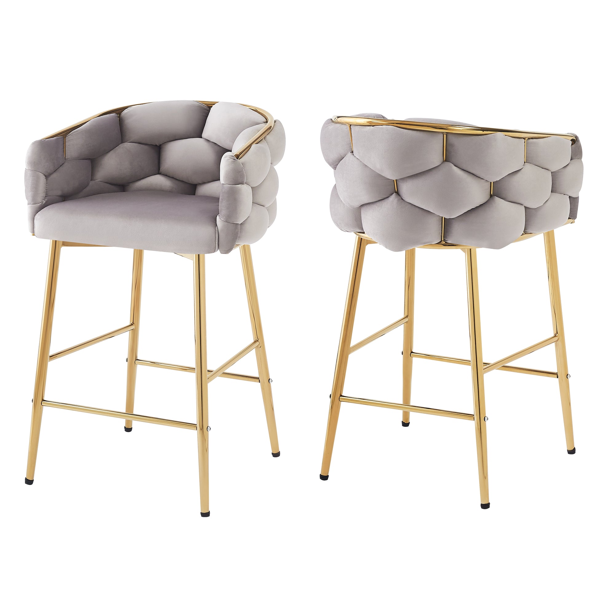 Light gray velvet bar stool with gold legs and quilted back