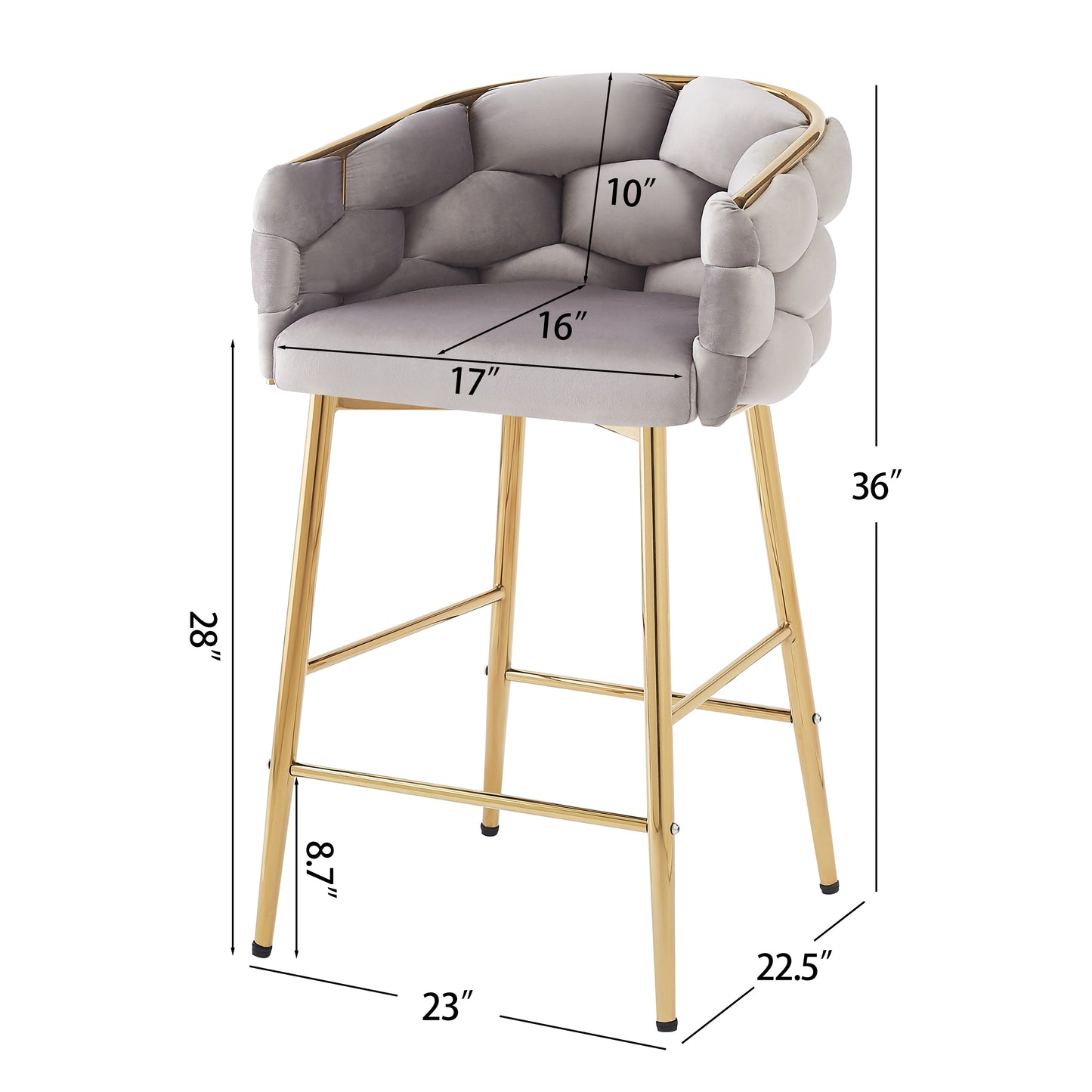 Gray velvet tufted bar stool with gold metal legs