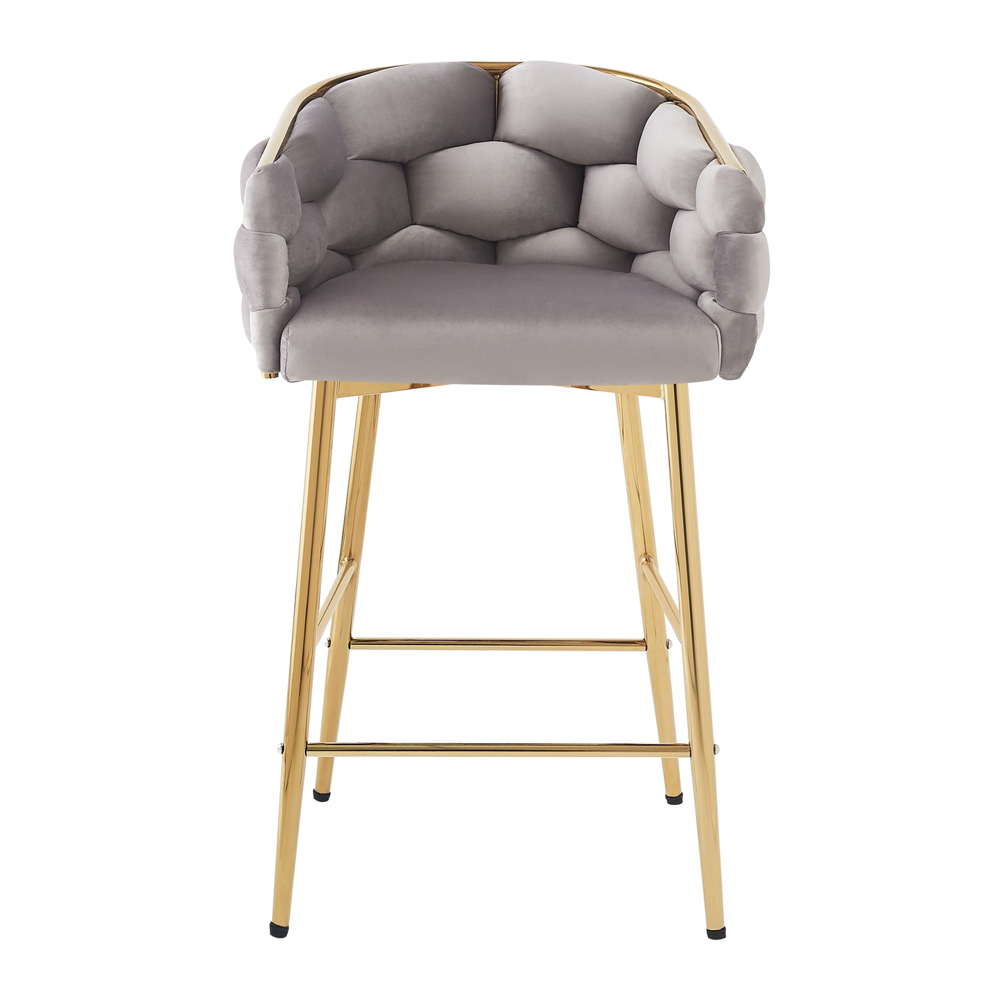 Grey velvet bar stool with tufted bubble back and gold metal legs