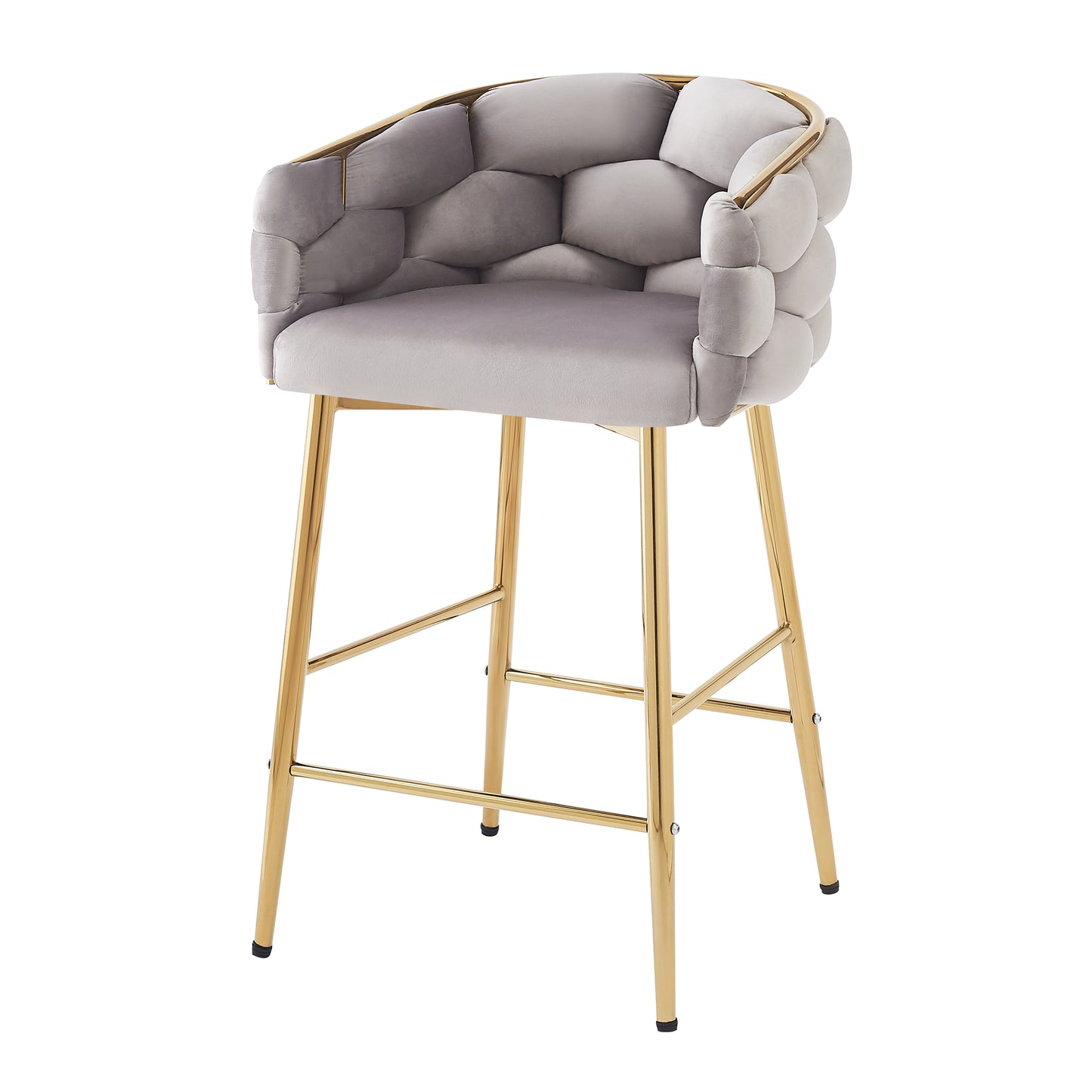 Grey velvet bar stool with tufted bubble design and gold metal legs