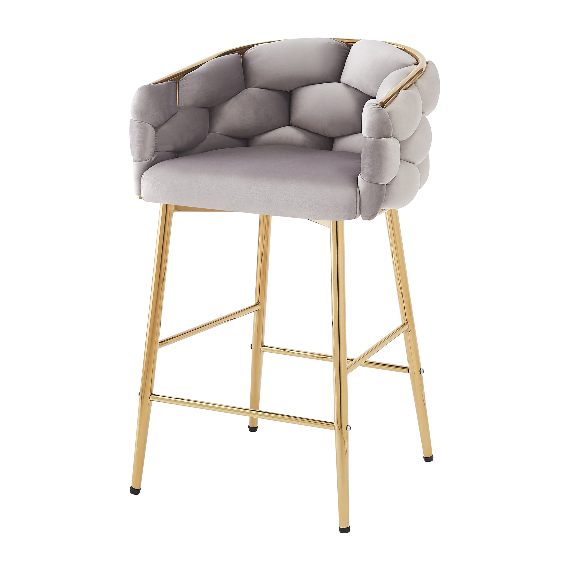 Grey velvet bar stool with tufted bubble design and gold metal legs