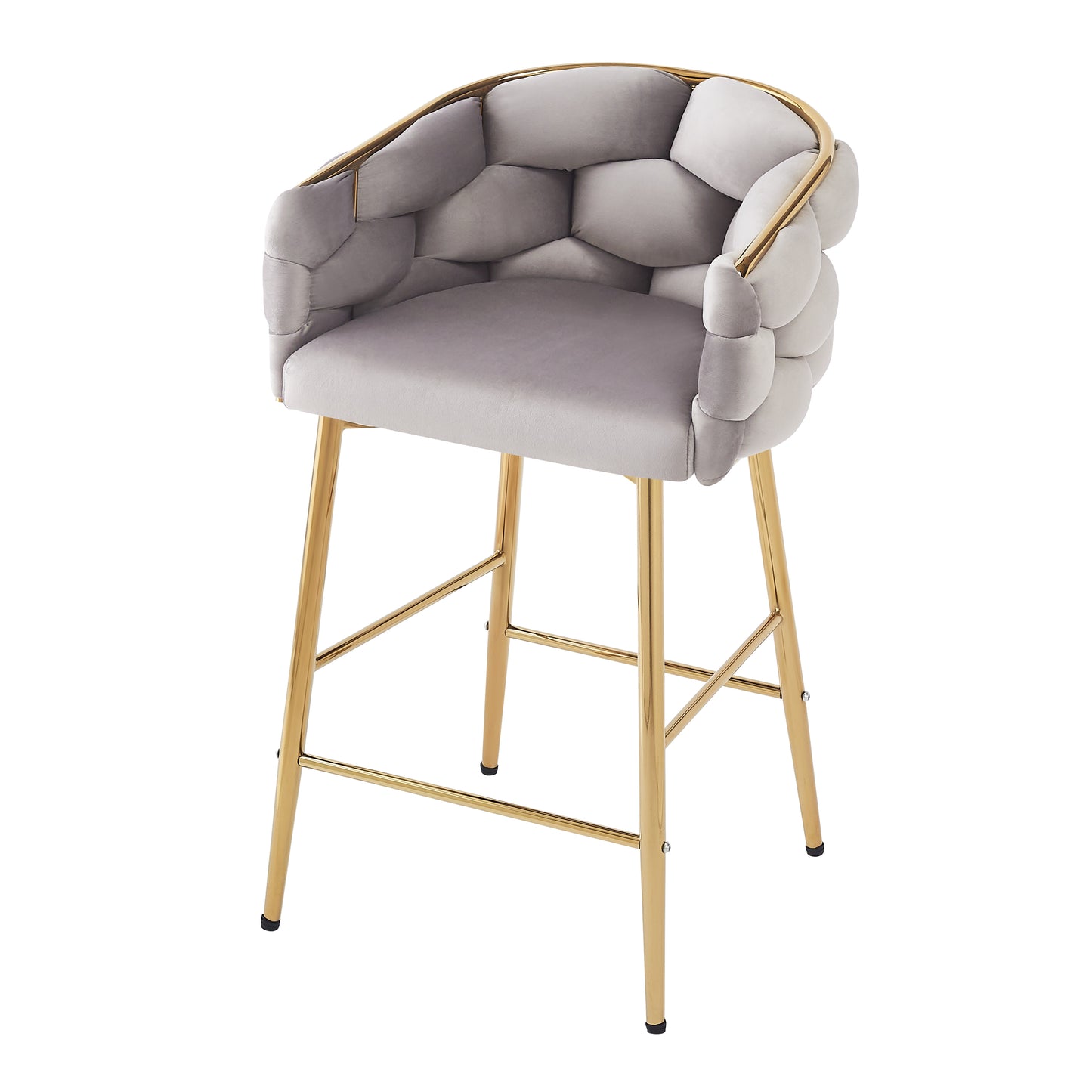 Light grey velvet bar stool with gold frame and quilted seat design
