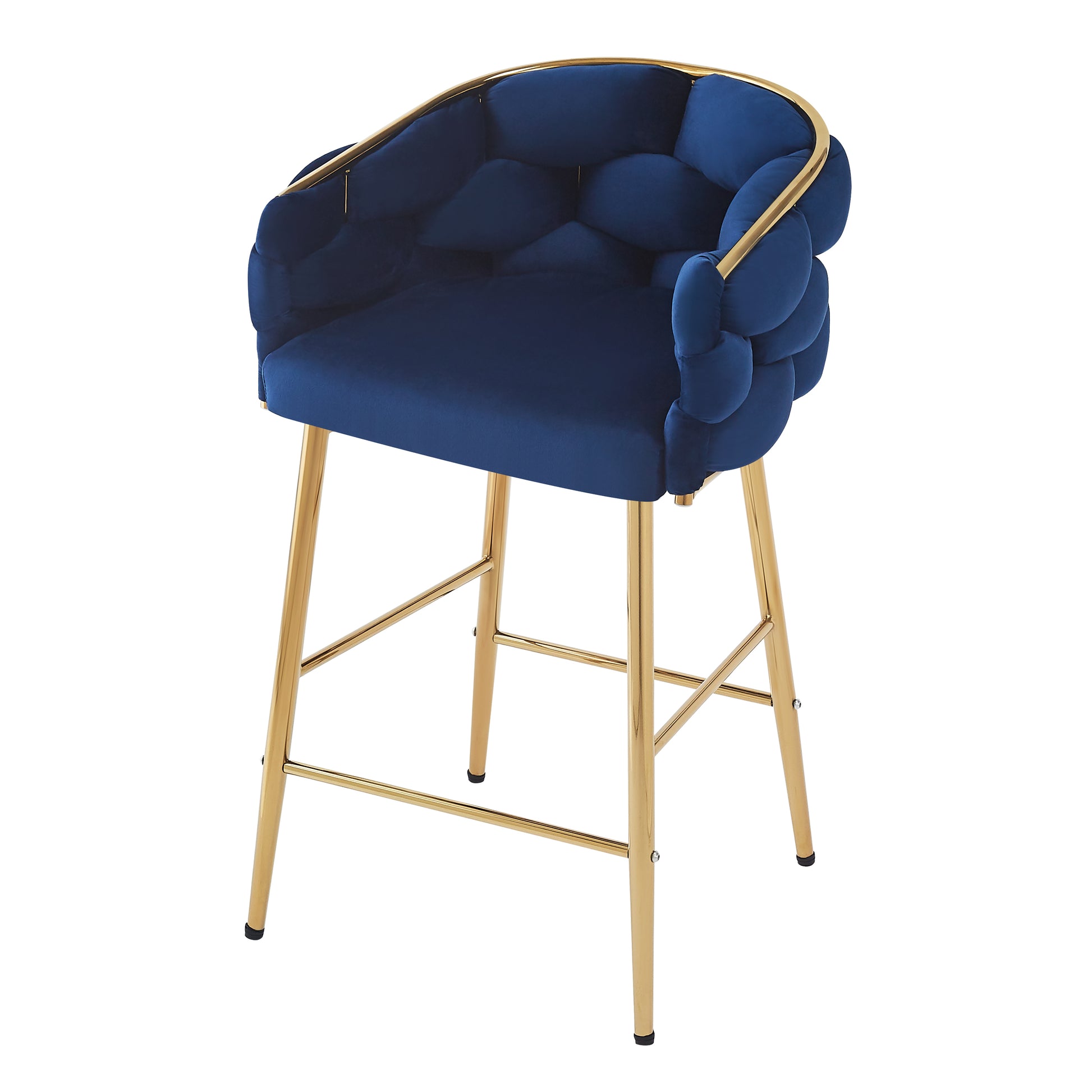 Navy blue velvet bar stool with gold metal legs and tufted seat