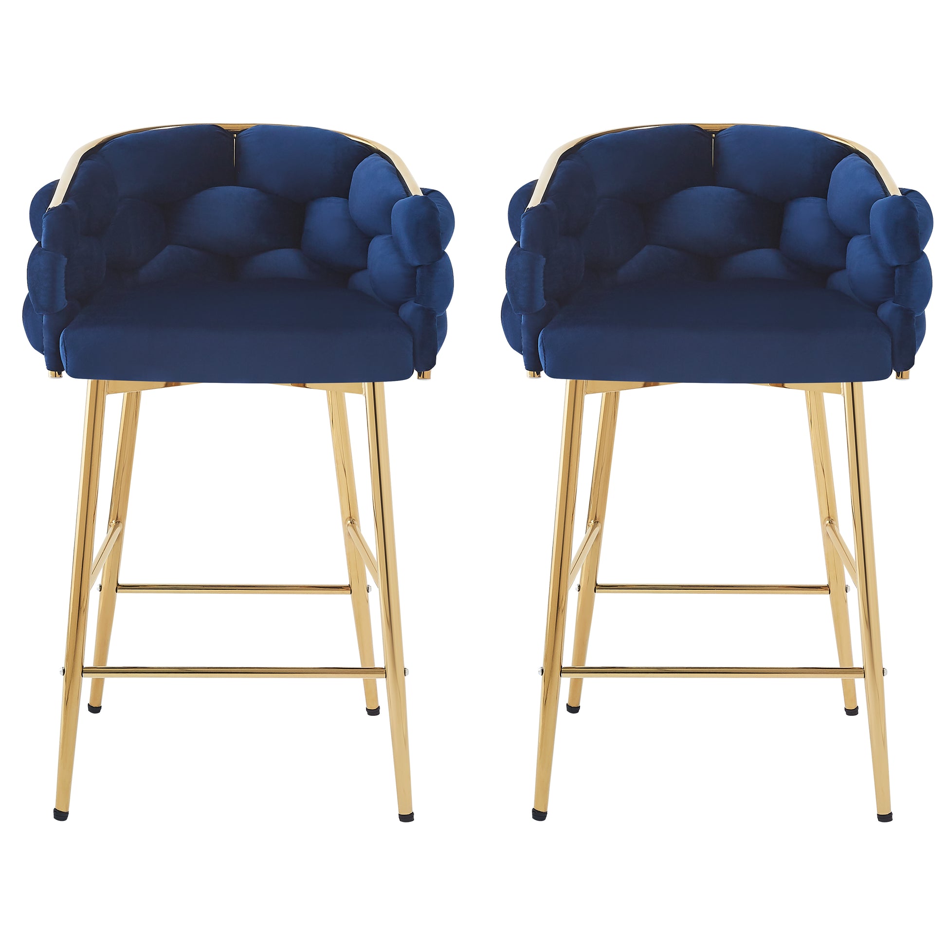 Pair of navy velvet bar stools with gold metal legs and tufted backrests