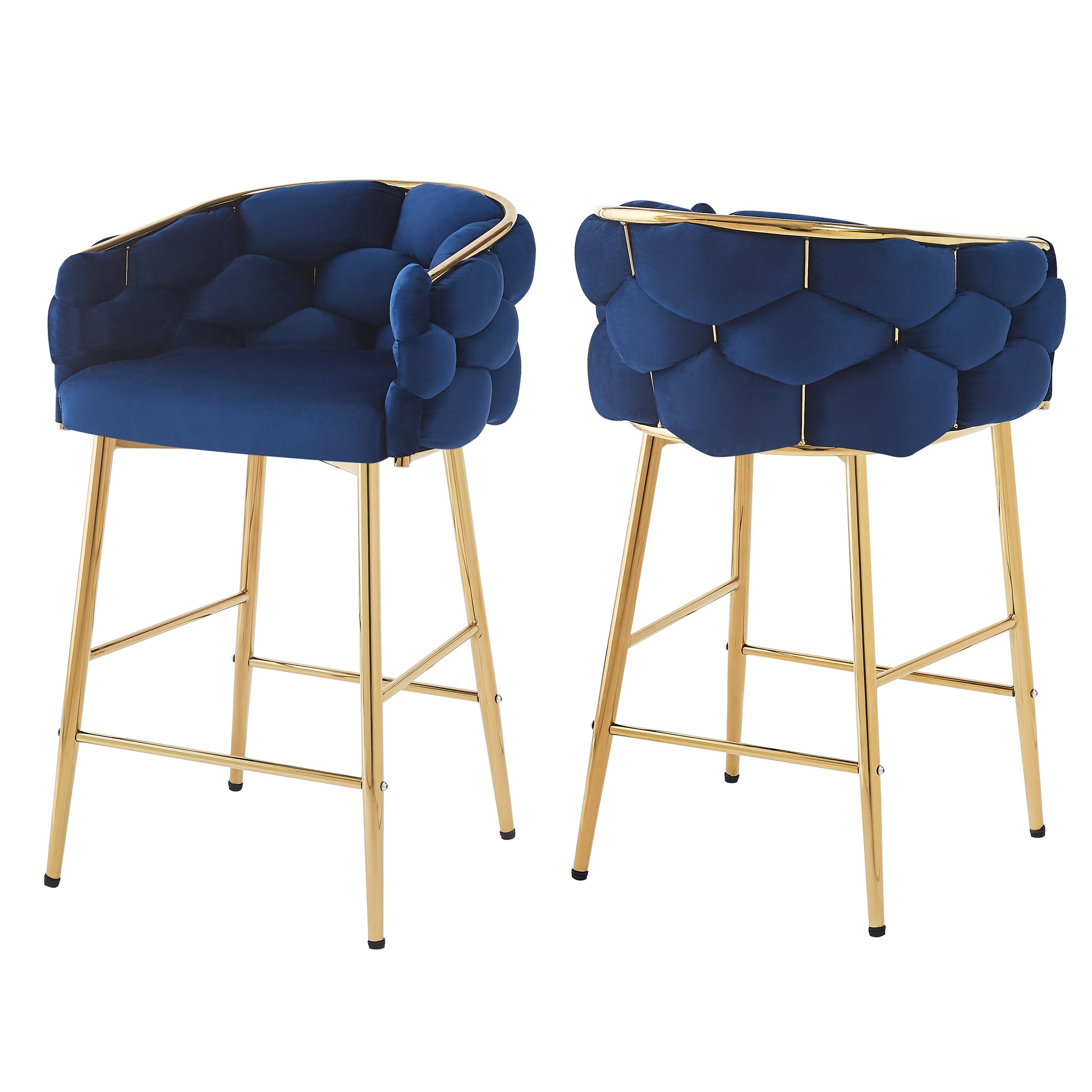 Navy velvet bar stool with tufted design and gold metal legs