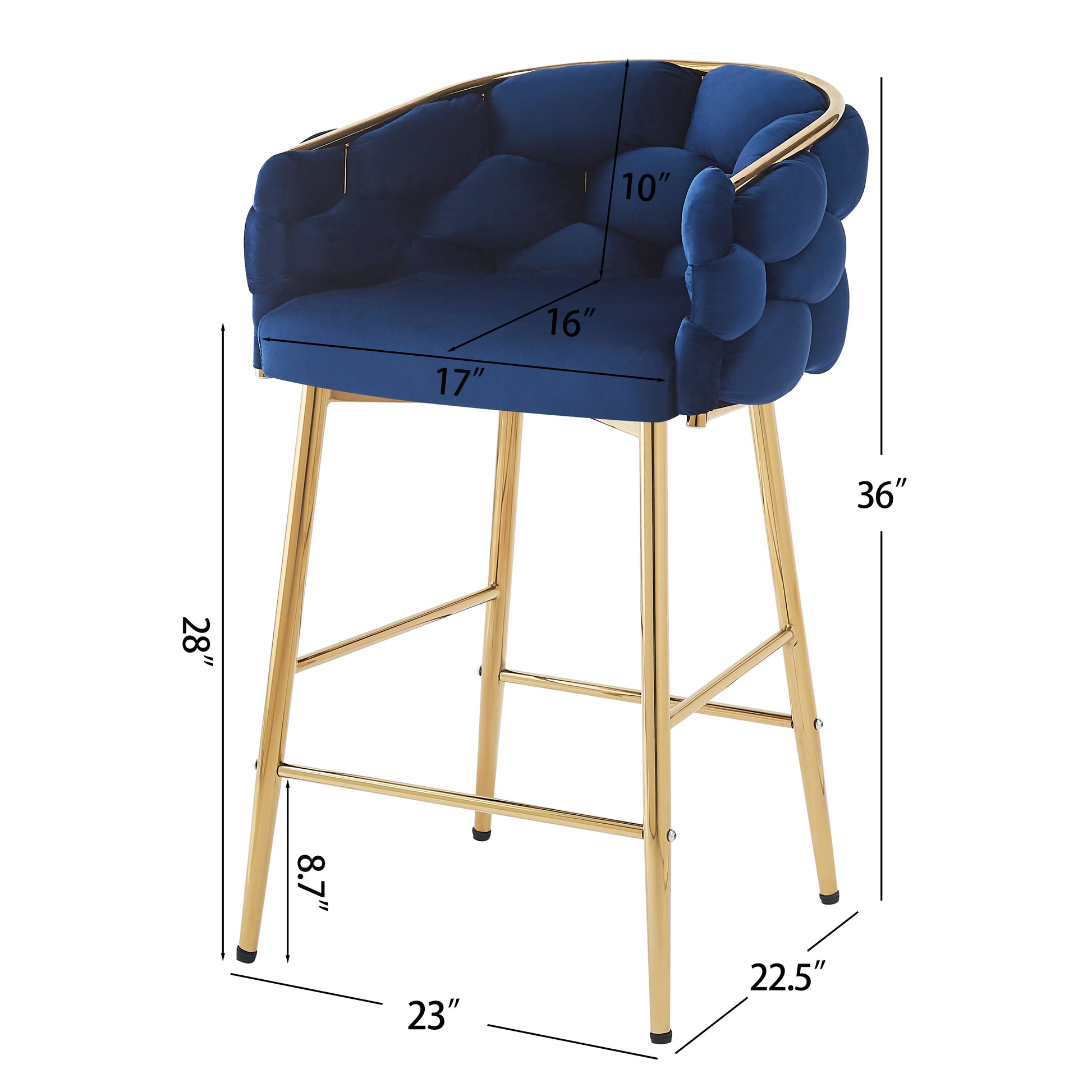 Navy velvet bar stool with plush tufted seat and gold metal legs