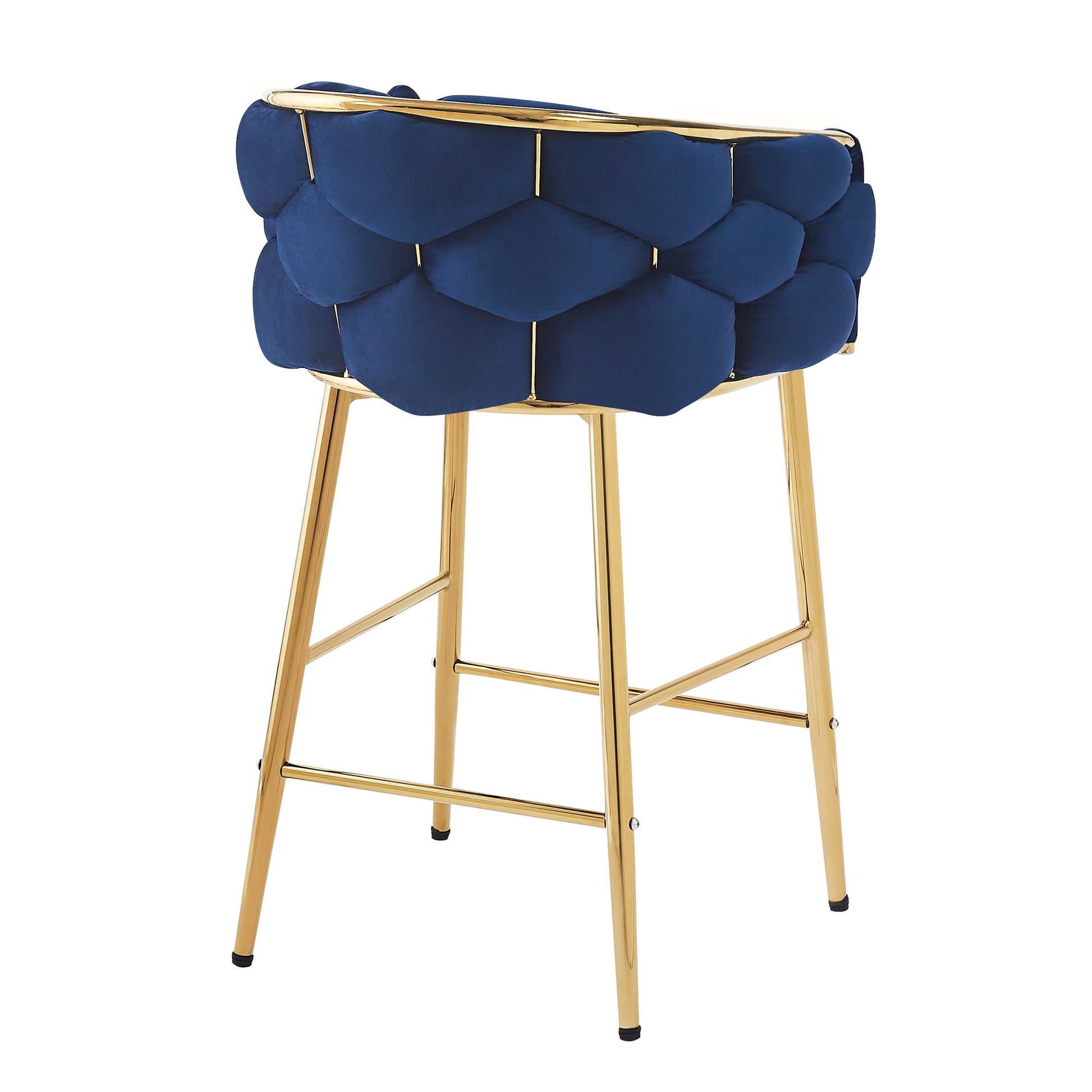Deep blue velvet bar stool with scalloped back and gold metal legs