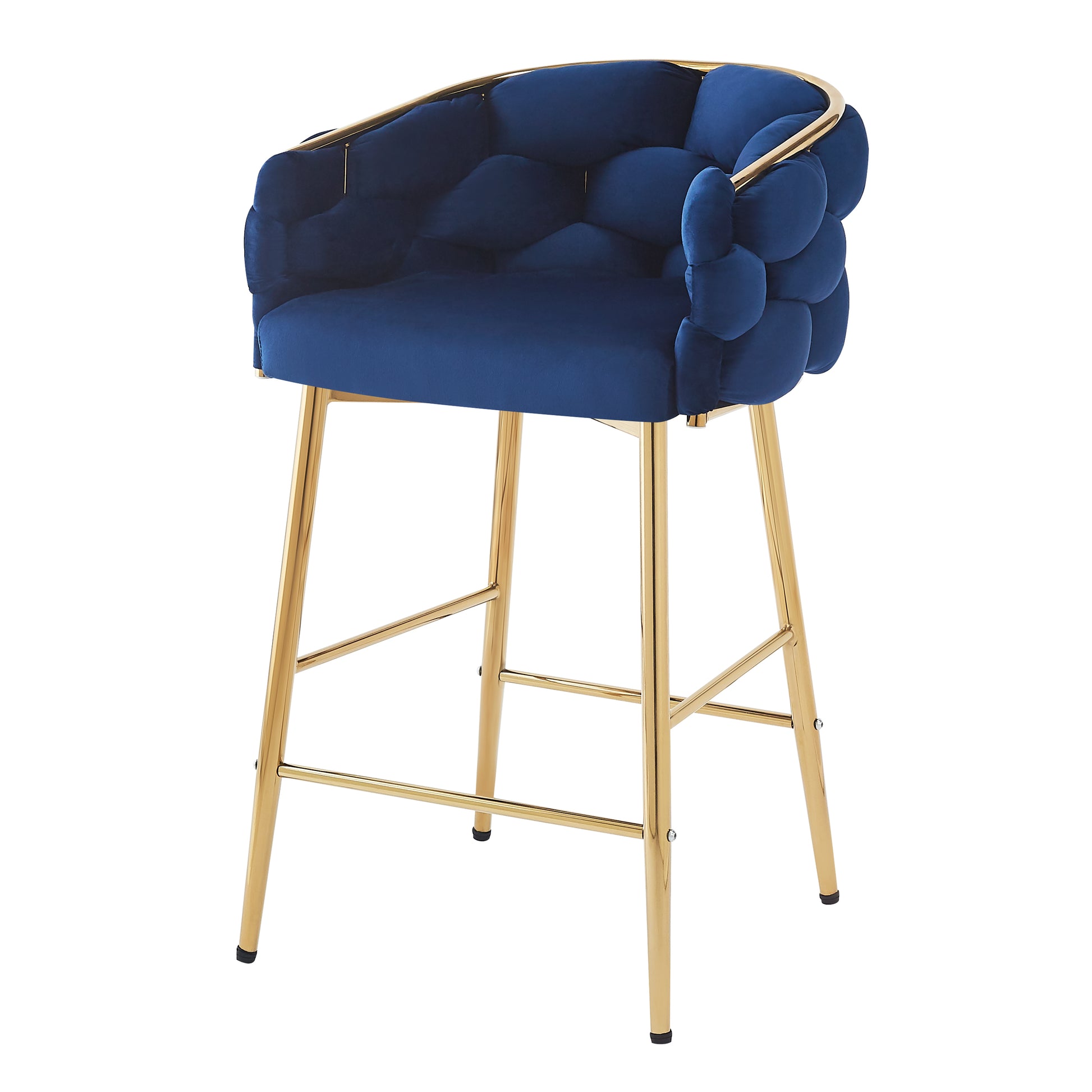 Deep blue velvet bar stool with tufted back and gold metal legs