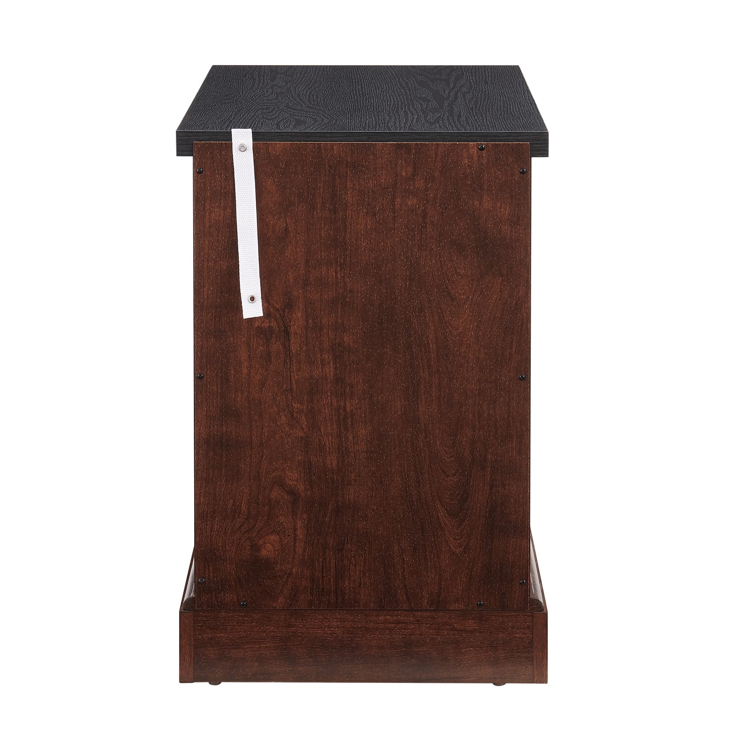 Dark wood bedside table with textured black top