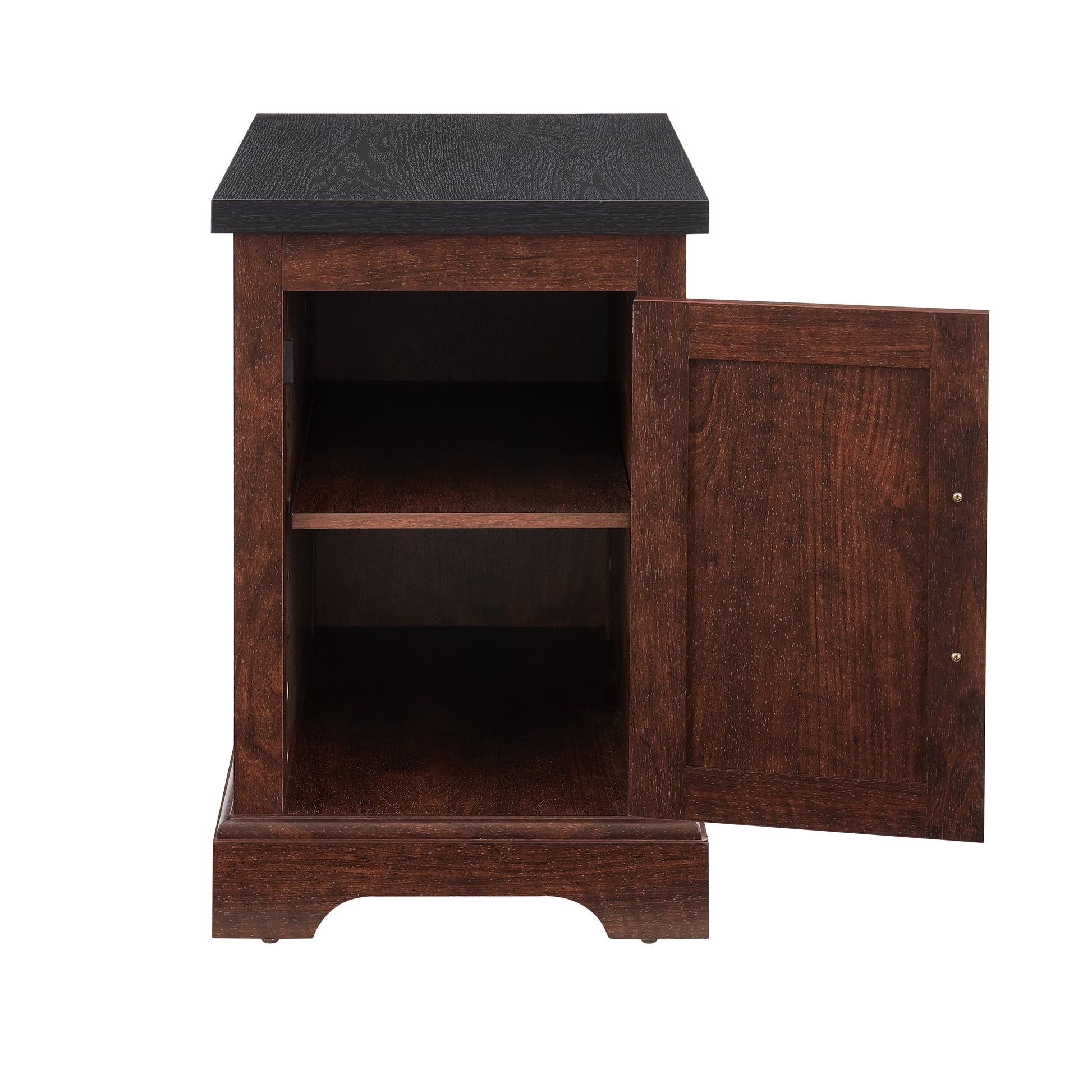 Dark wood nightstand with open door revealing shelves and black textured top